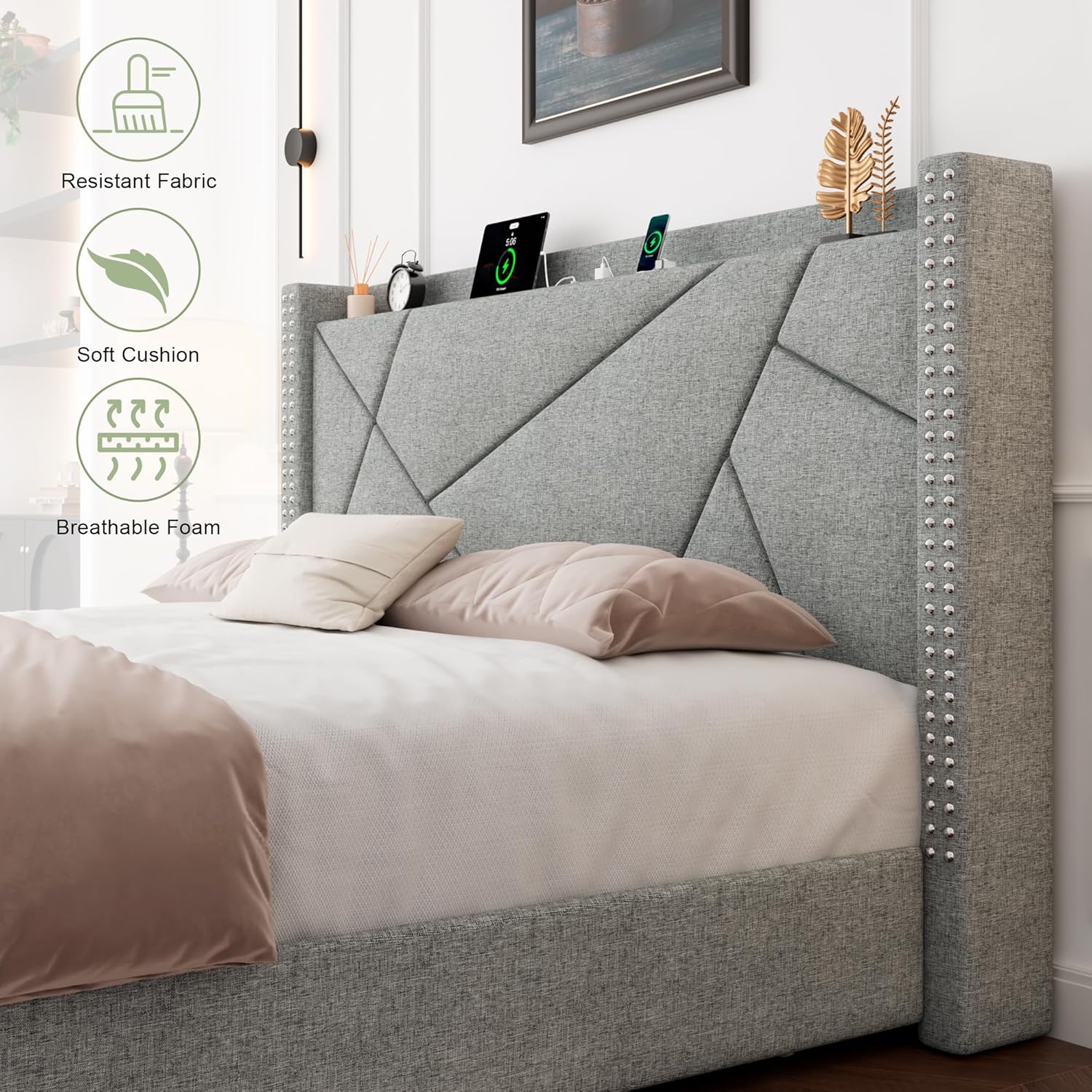 Feonase Full Size Bed Frame with 4 Storage Drawers, Upholstered Platform Bed with Charging Station & Wingback Headboard, Solid Wood Slats Support, No Box Spring Needed, Noise-Free, Light Gray - Image 6