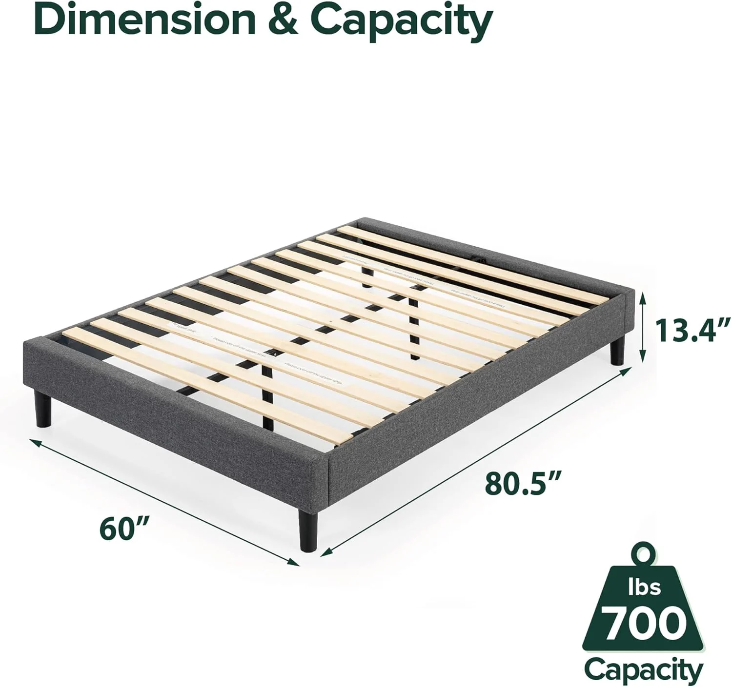ZINUS QUEEN Curtis Upholstered Platform Bed Frame, Mattress Foundation, Wood Slat Support, No Box Spring Needed, Easy Assembly, Grey - Image 2
