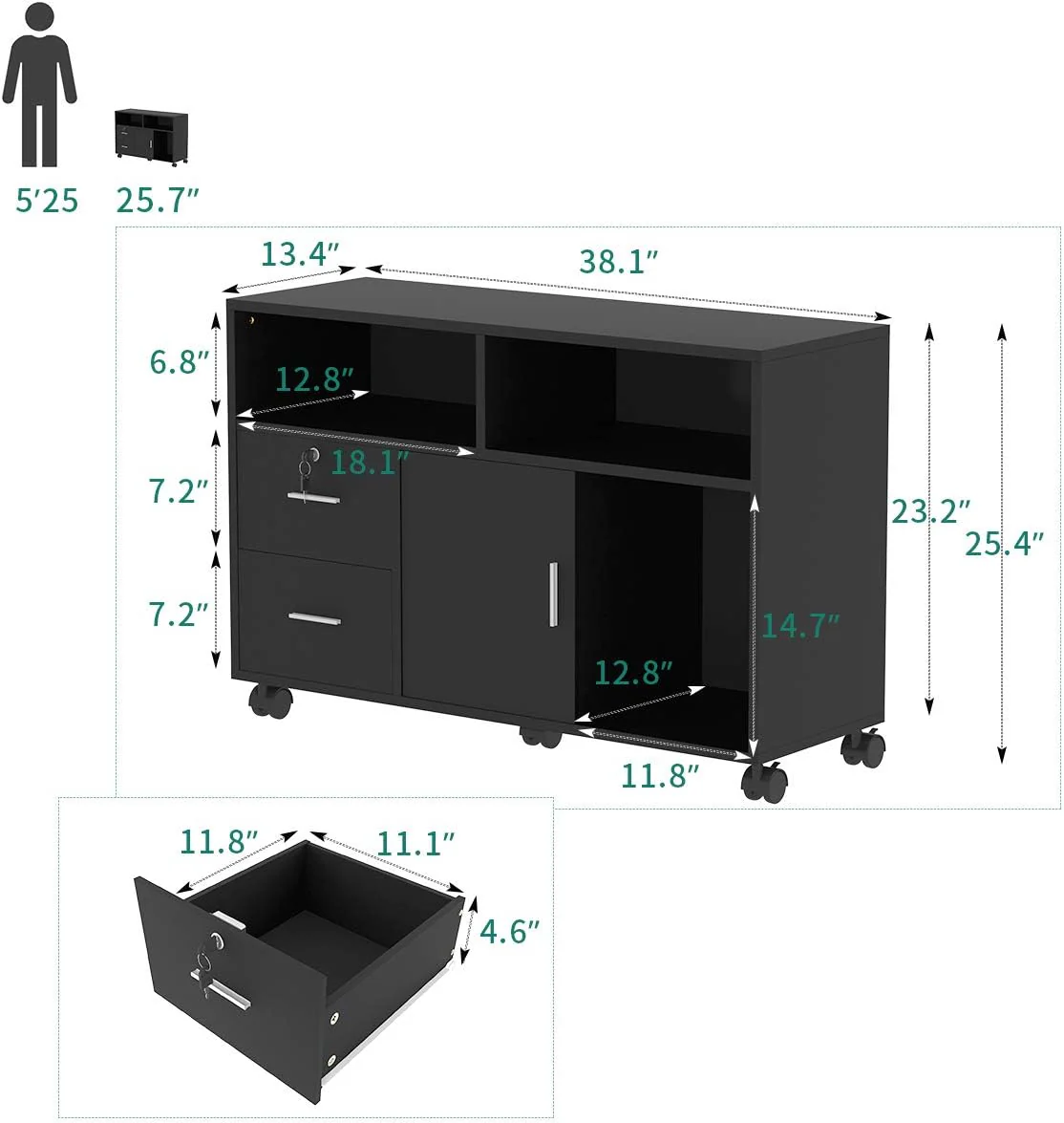 NEW - YITAHOME Wood File Cabinet, 2 Drawer Mobile Lateral Storage Cabinet Printer Stand with Lock and Open Storage Shelves for Home Office, Black,Drawers Without Hanging Bars - Retail $89 - Image 3