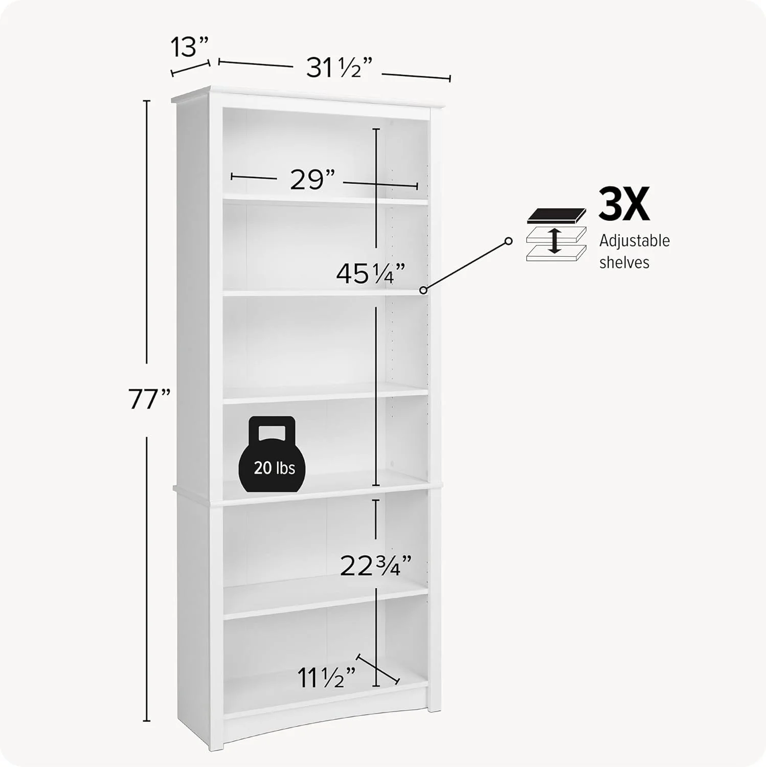 NEW - Prepac Sonoma Tall 6-Tier Bookcase 77inH with 3 Adjustable Shelves, White Storage Cabinet, Modern Display Cabinet, Bookshelf with Storage Shelves for Home Office, Living Room, Bedroom Organizer - Retail $199 - Image 3