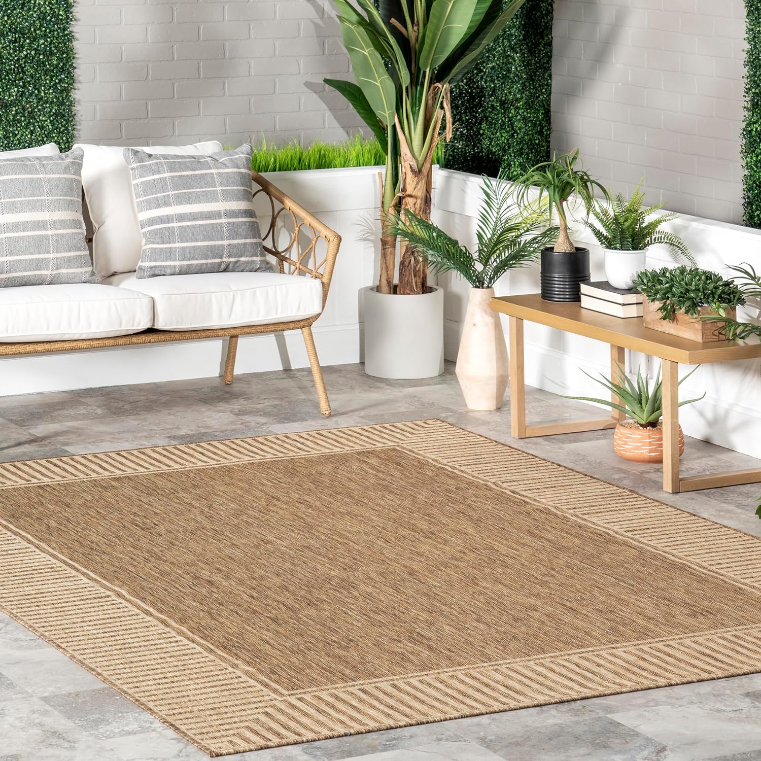 NEW - nuLOOM 10' x 12' Outdoor Area Rug, Casual Design With Striped Border, Stain Resistant, Highly Durable, For Patio, Balcony, Bedroom, Living Room, Dining Room, Bathroom, Light Brown - Image 2