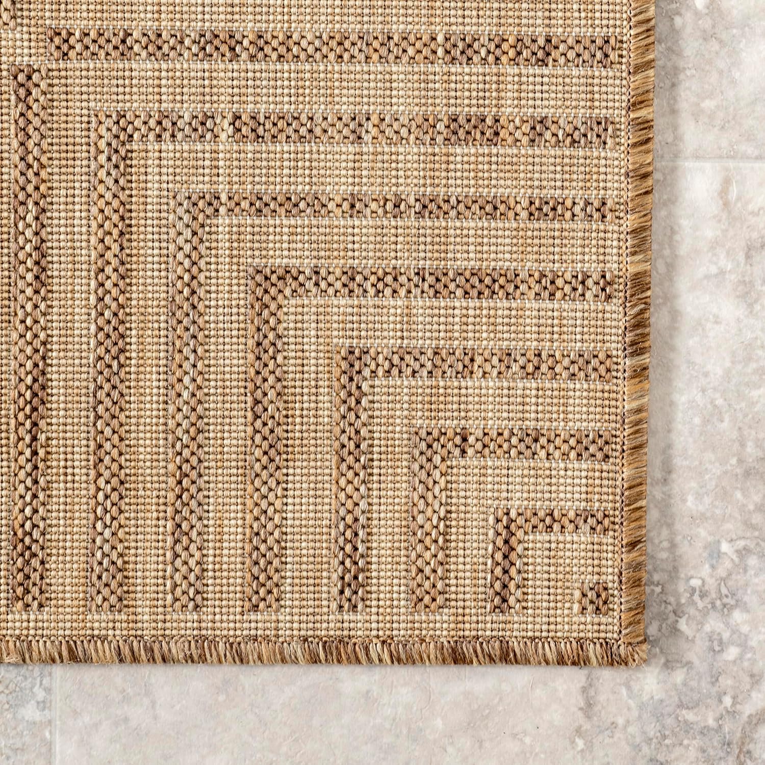 NEW - nuLOOM 10' x 12' Outdoor Area Rug, Casual Design With Striped Border, Stain Resistant, Highly Durable, For Patio, Balcony, Bedroom, Living Room, Dining Room, Bathroom, Light Brown - Image 7