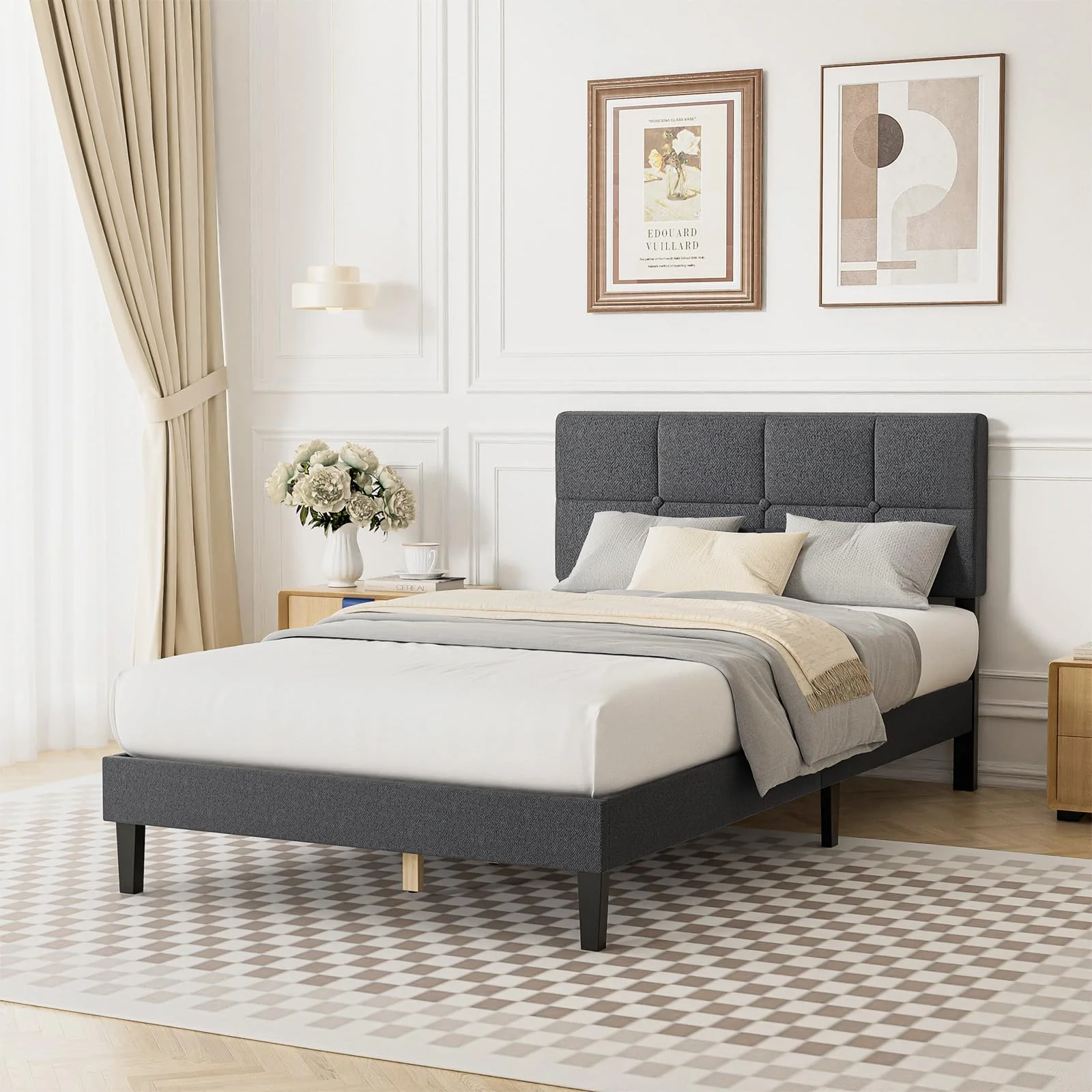 Twin Bed Frame with Adjustable Height Headboard, Dark Grey