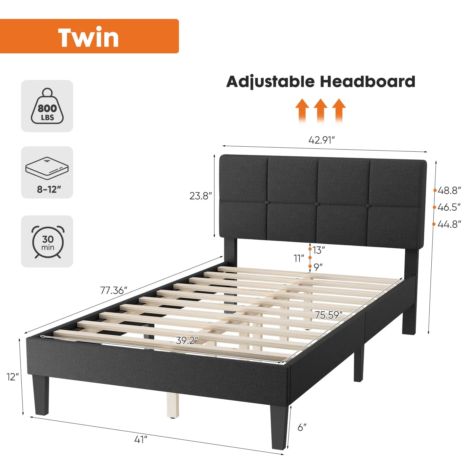 Twin Bed Frame with Adjustable Height Headboard, Dark Grey - Image 2