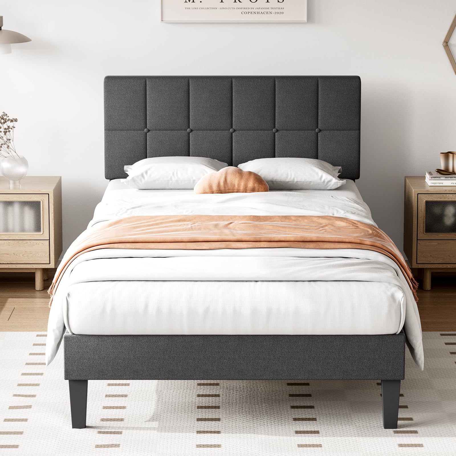 Twin Bed Frame with Adjustable Height Headboard, Dark Grey - Image 3