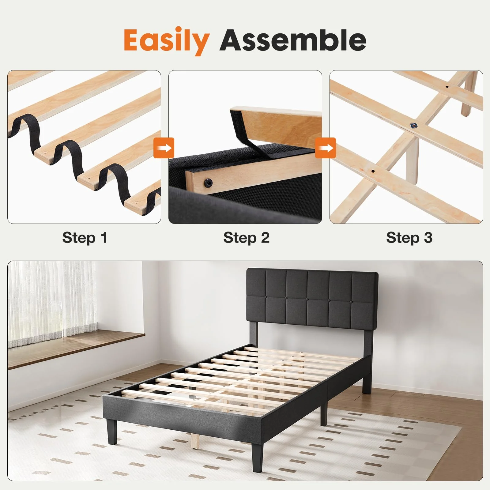 Twin Bed Frame with Adjustable Height Headboard, Dark Grey - Image 4
