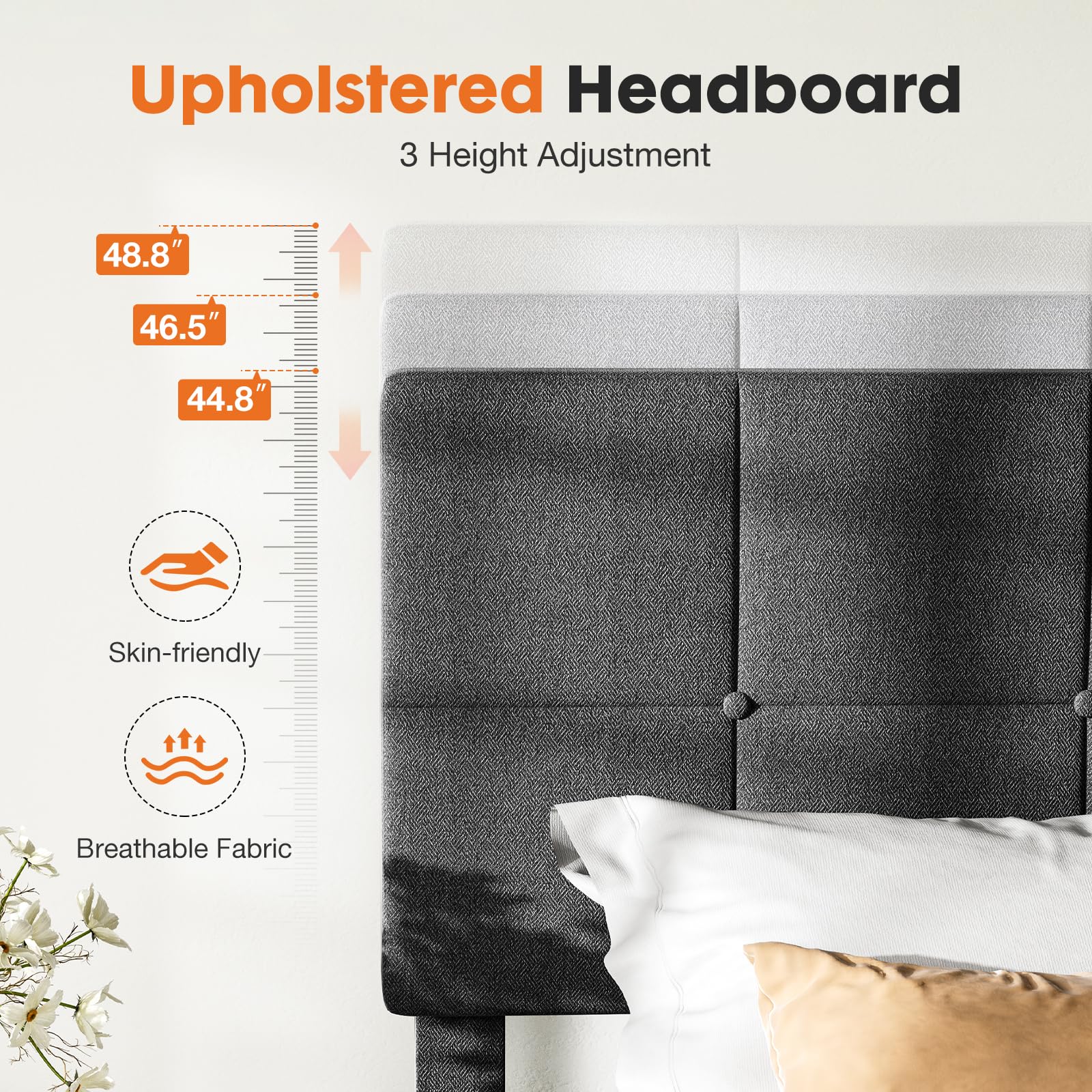 Twin Bed Frame with Adjustable Height Headboard, Dark Grey - Image 7