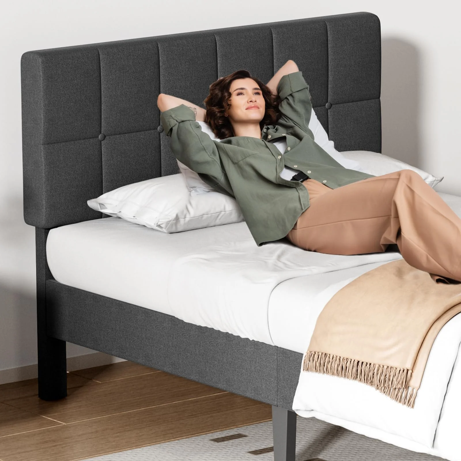 Twin Bed Frame with Adjustable Height Headboard, Dark Grey - Image 8