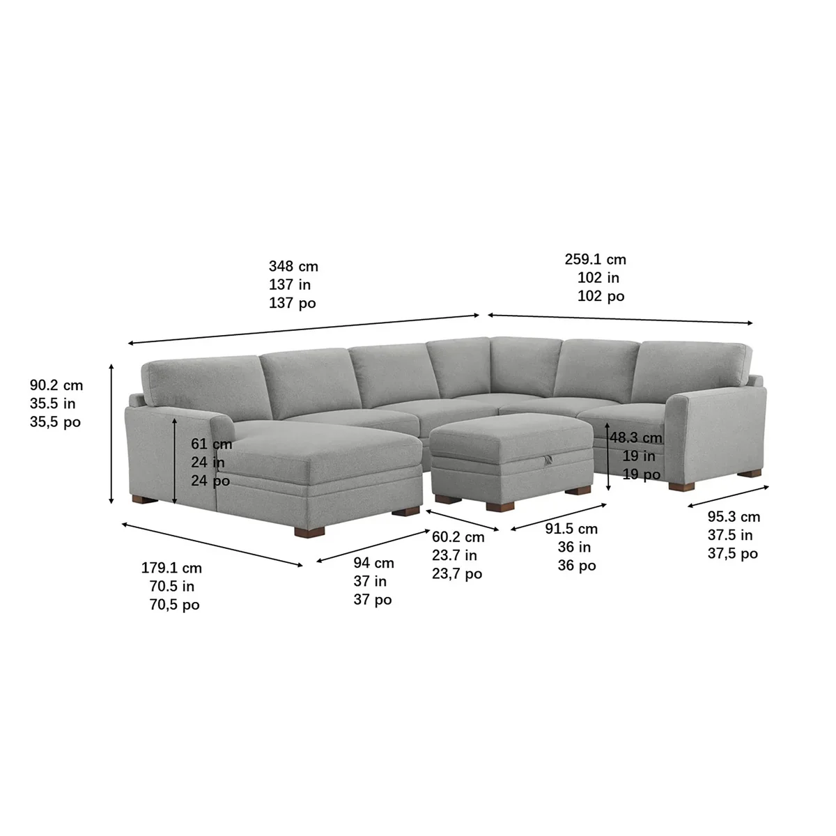 NEW / dmg - Thomasville Langdon Fabric Sectional with Chaise and Storage Ottoman, Gray - Retail $2000 - Image 2