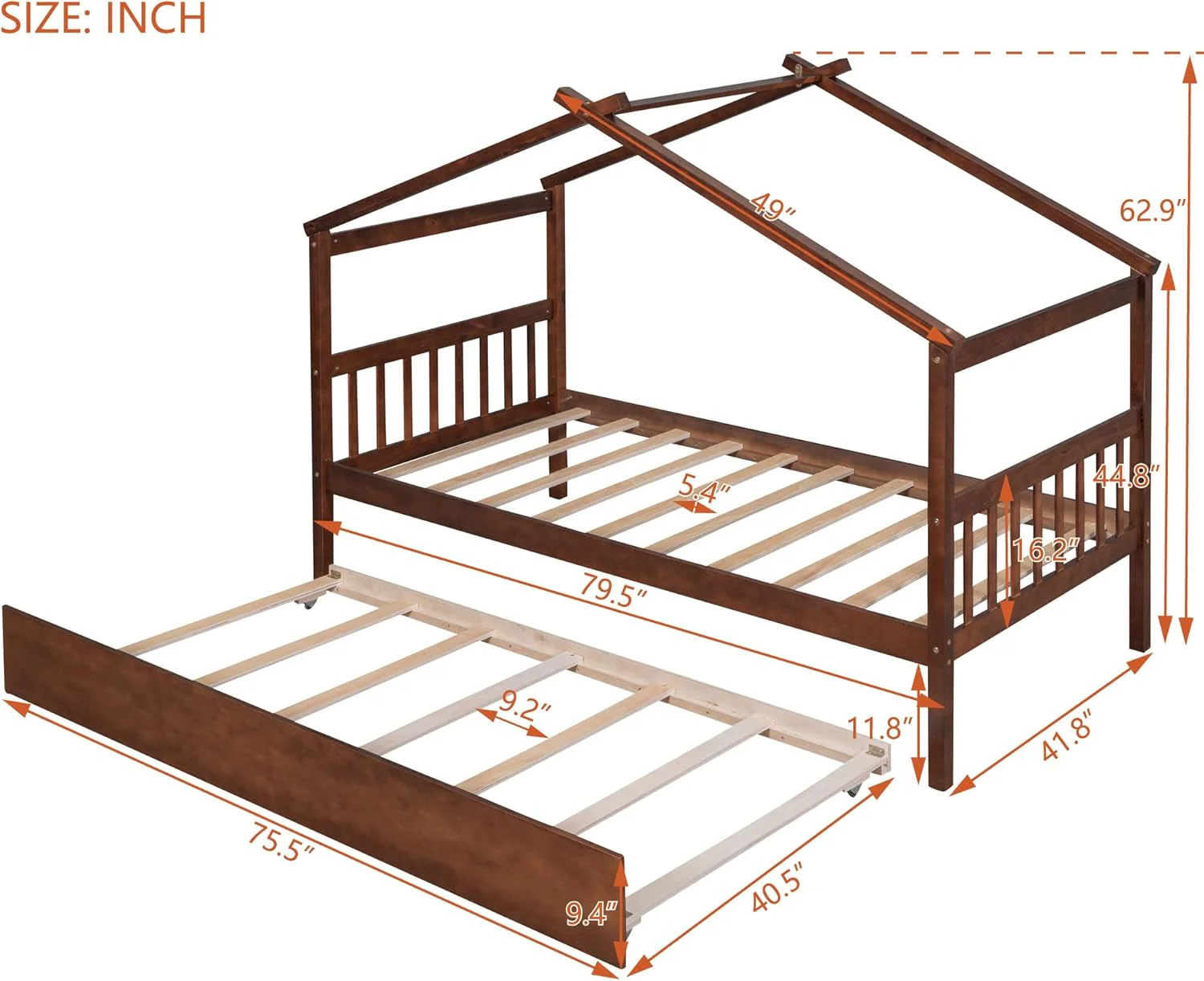 SPOFLYINN Full Size House Bed with Twin Size Trundle, Wooden House Bed Frame with Roof Headboard for Boys Girls Teens Bedroom Furniture (Mattress Not Included) Waln - Retail $367 - Image 2