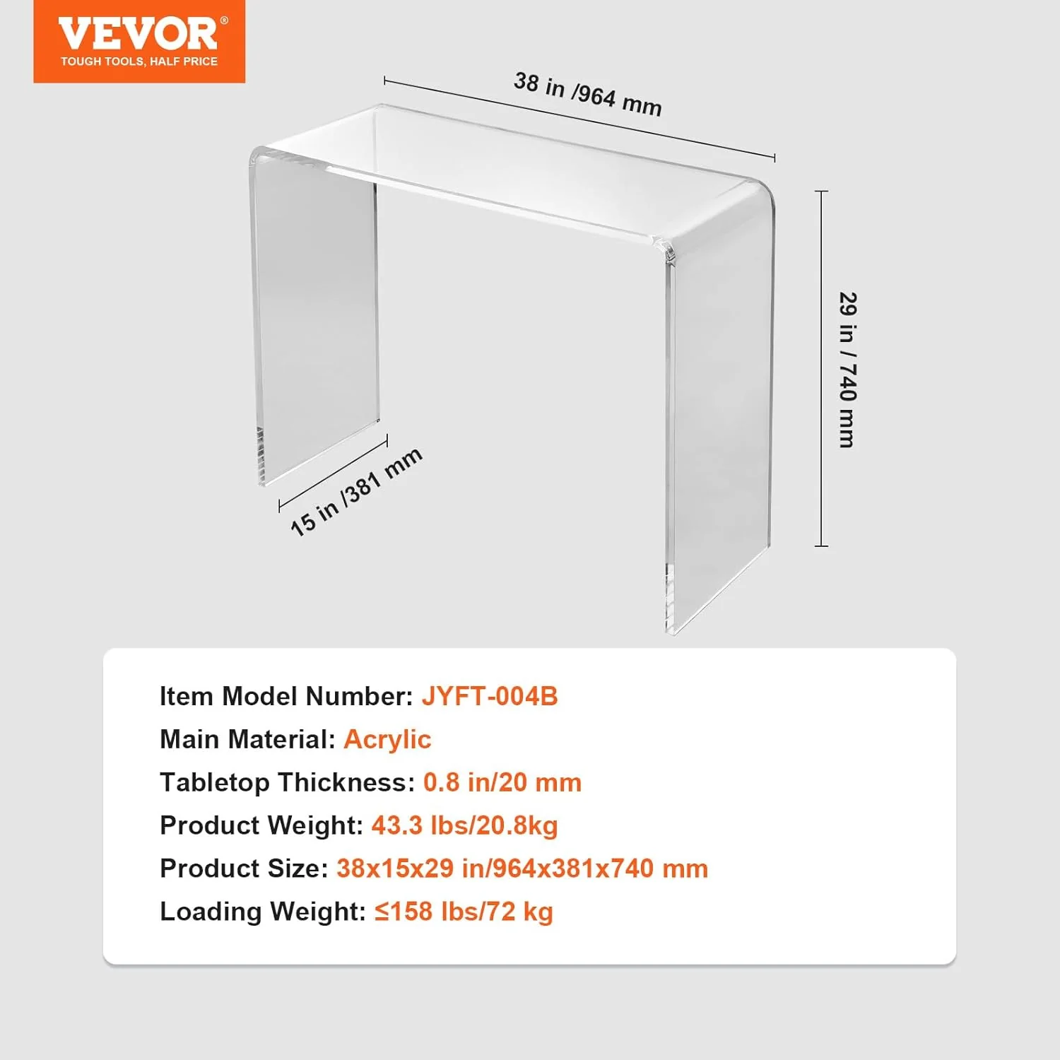 NEW - VEVOR Acrylic Console Table, Clear Acrylic End Table, Transparent Acrylic Side Table 38.2x15x29.3 inch, for Foyer, Living Room, Dining Room - Retail $294 - Image 2