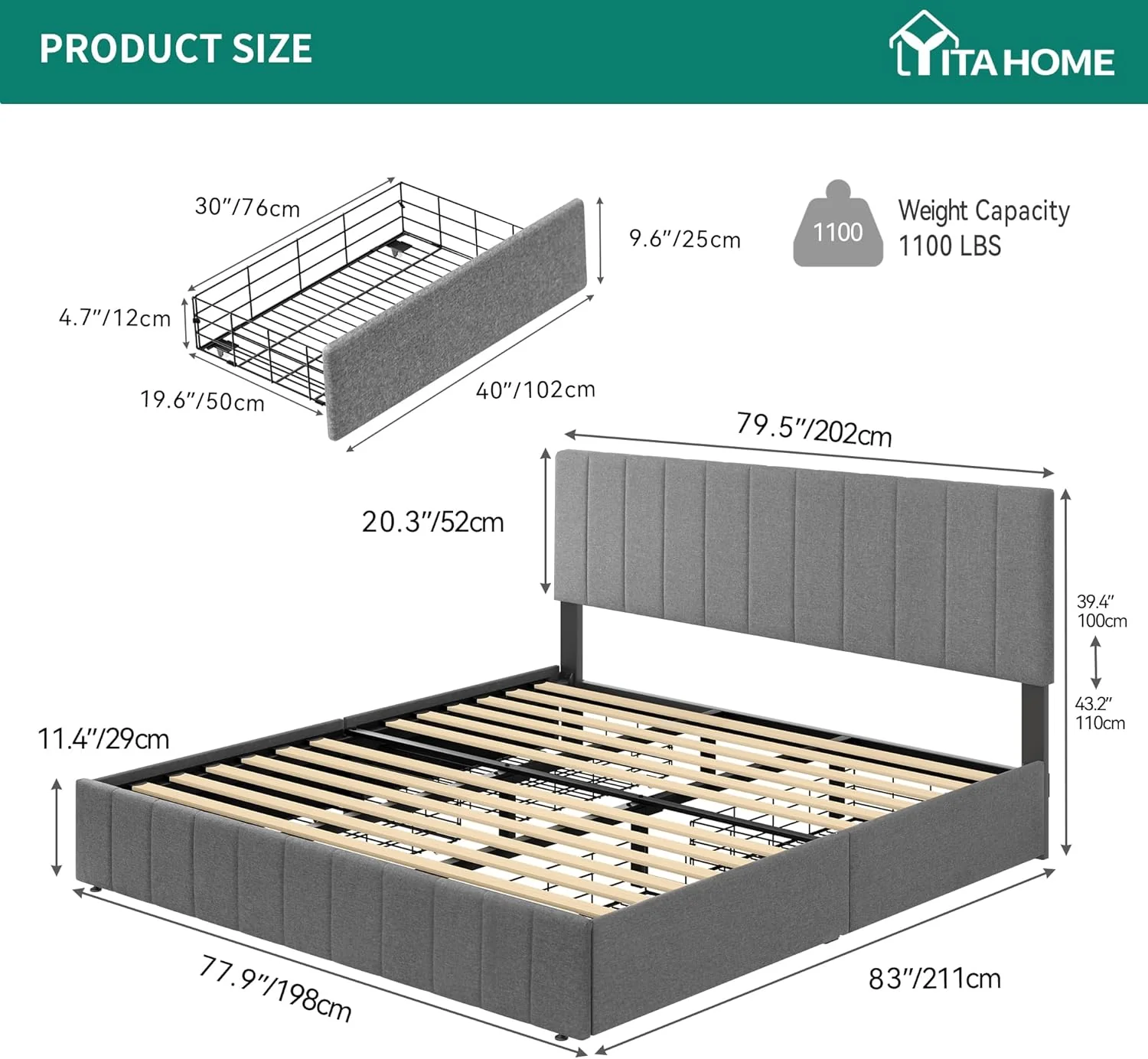 YITAHOME King Size Bed Frame, Storage Bed Frame with 4 Drawers, Adjustable Upholstered Headboard Platform Bed with Sturdy Wood Slat Support, No Box Spring Needed, Easy Assemble, Grey - Image 2