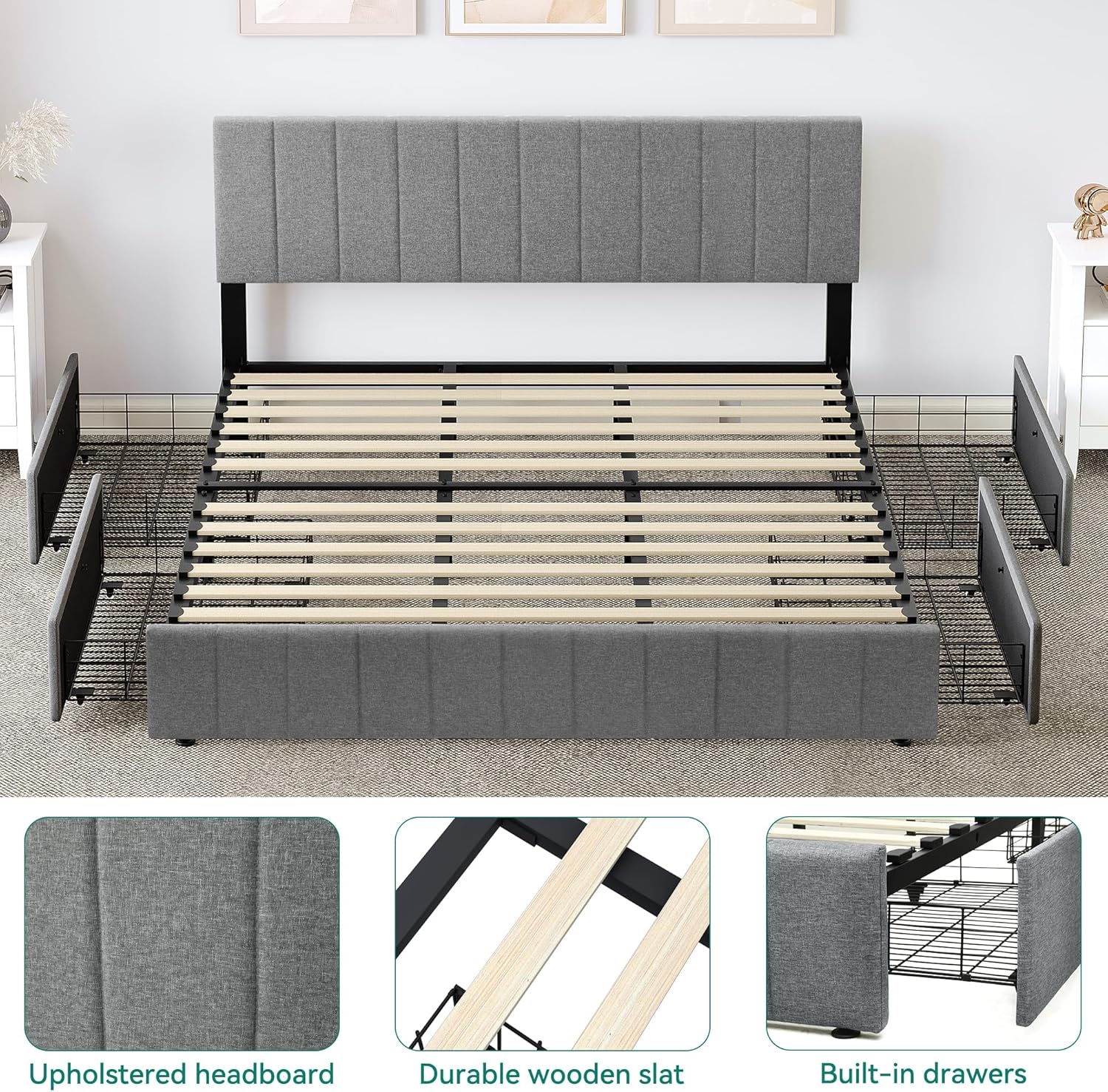 YITAHOME King Size Bed Frame, Storage Bed Frame with 4 Drawers, Adjustable Upholstered Headboard Platform Bed with Sturdy Wood Slat Support, No Box Spring Needed, Easy Assemble, Grey - Image 3