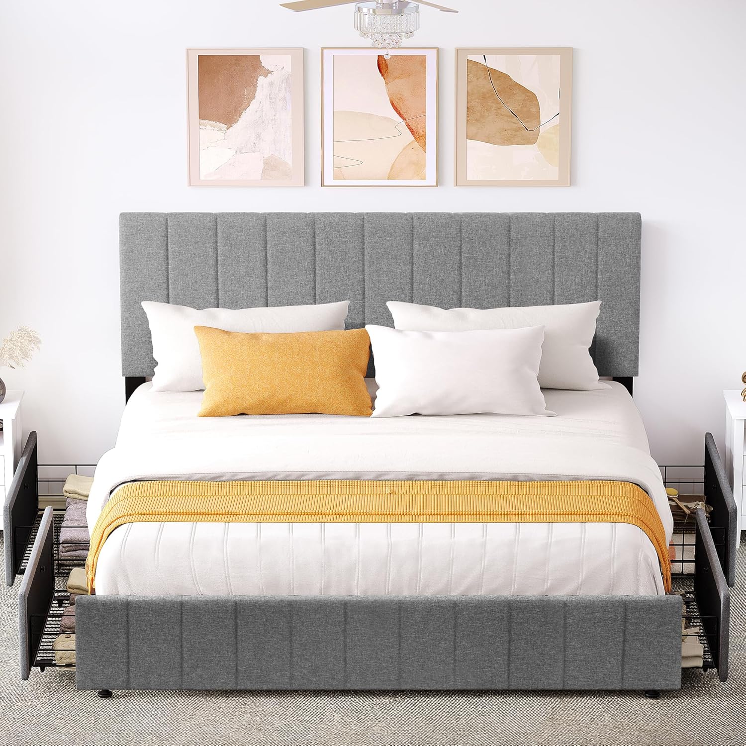 YITAHOME King Size Bed Frame, Storage Bed Frame with 4 Drawers, Adjustable Upholstered Headboard Platform Bed with Sturdy Wood Slat Support, No Box Spring Needed, Easy Assemble, Grey - Image 7