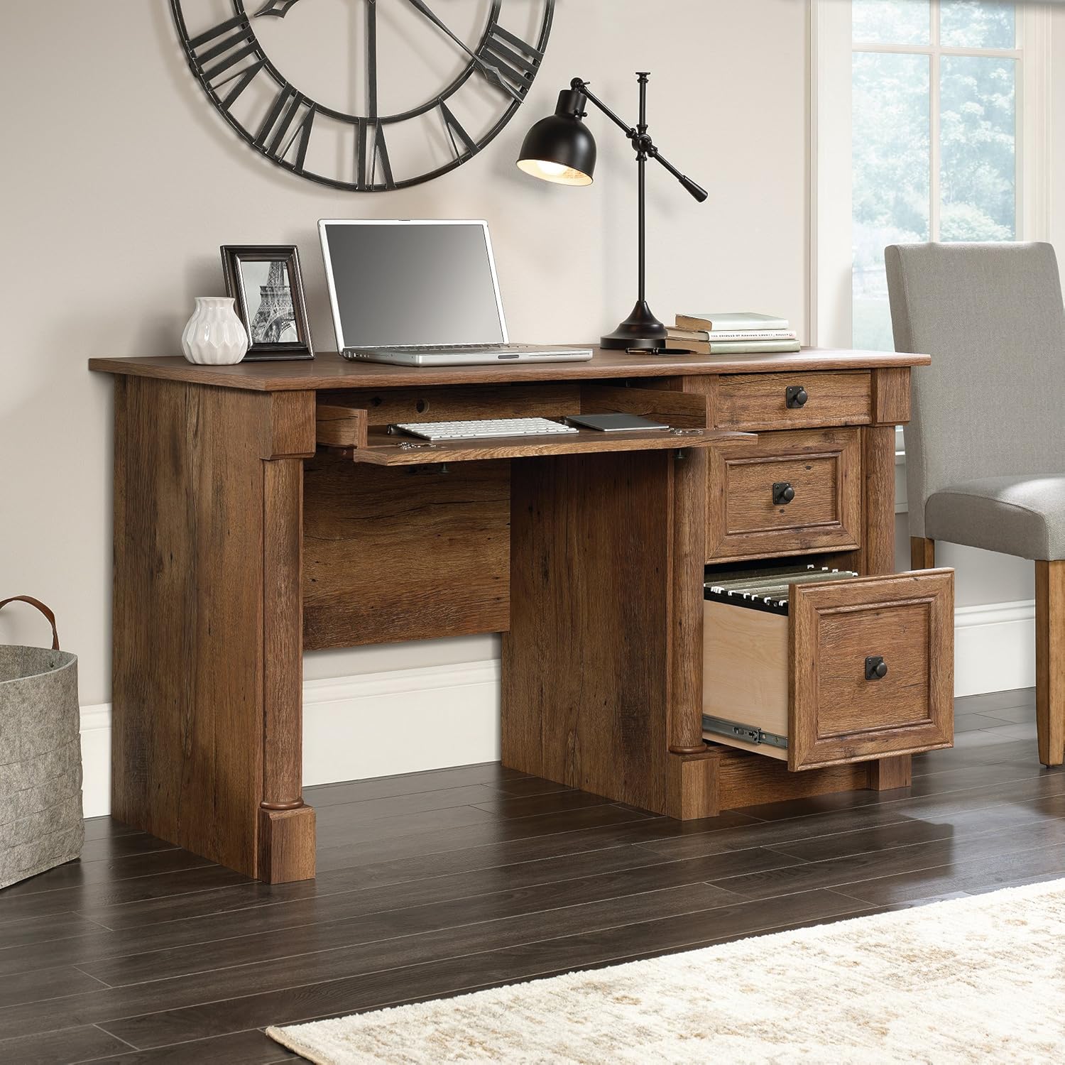 NEW - Sauder Palladia Computer Desk with Drawers, Home Office Desk with File Cabinet Storage Drawer, Cable Management, Keyboard Tray, in Vintage Oak finish - Retail $320 - Image 4