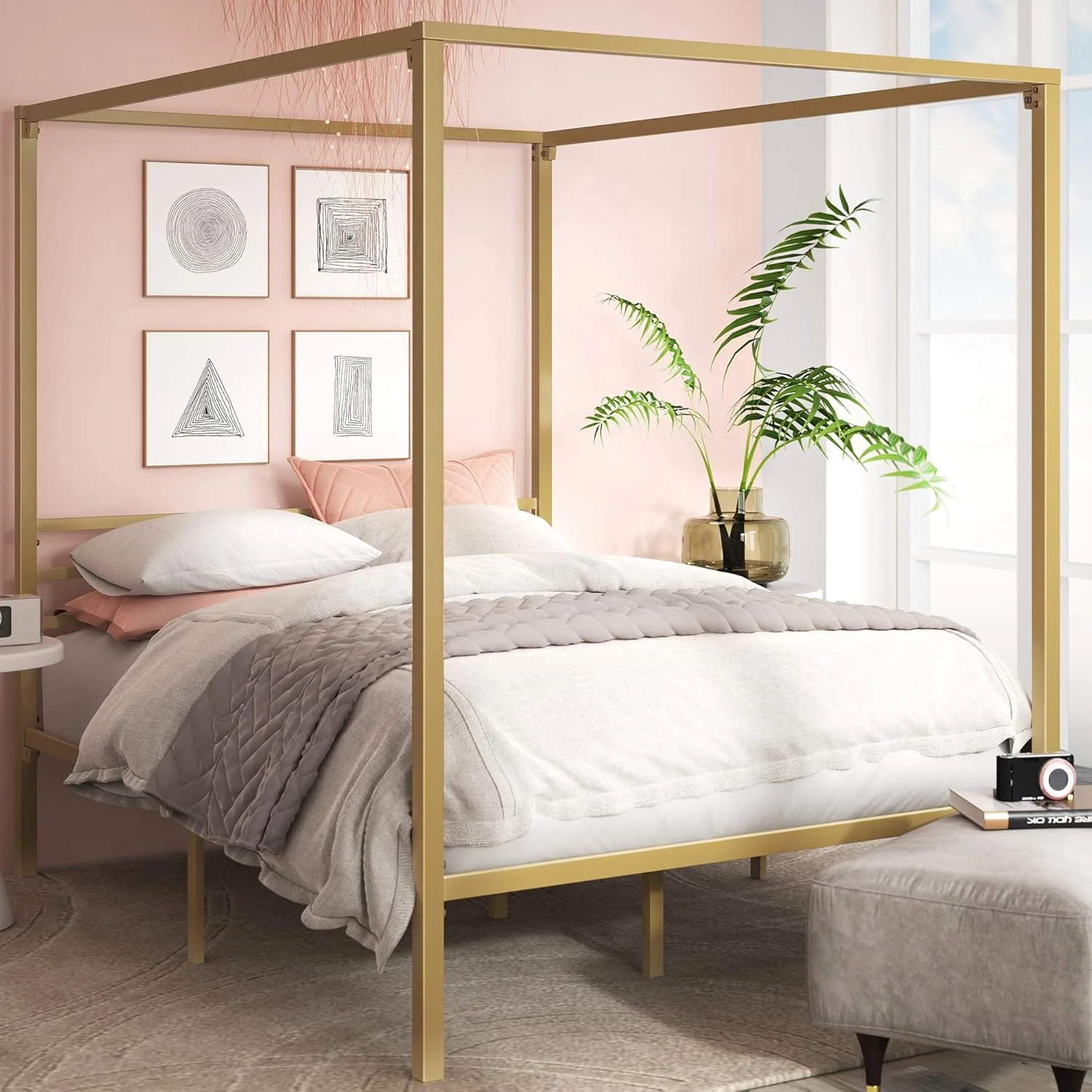Zinus Patricia Gold Metal Canopy Platform Bed Frame, Mattress Foundation with Steel Slat Support, Queen