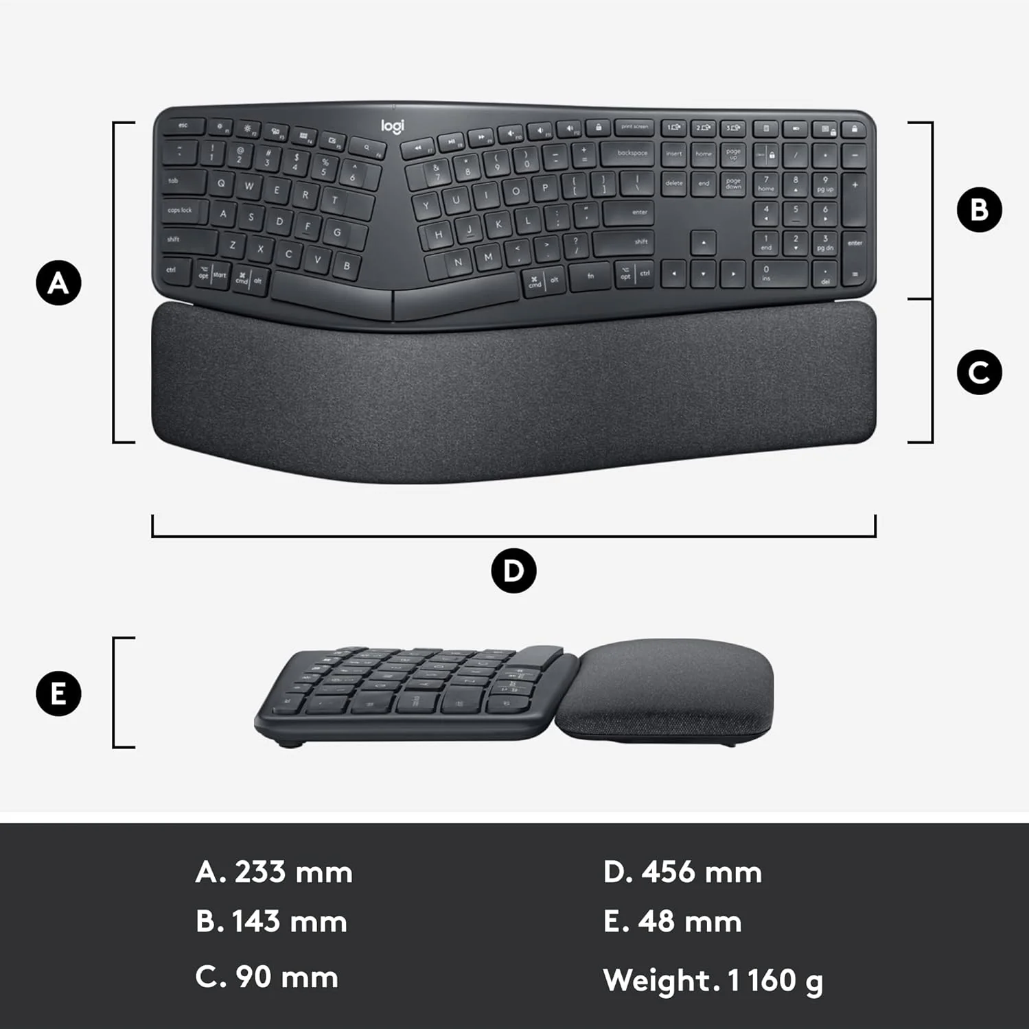 Logitech ERGO K860 Wireless Ergonomic Keyboard - Split Keyboard, Wrist Rest, Natural Typing, Stain-Resistant Fabric, Bluetooth and USB Connectivity, Compatible with Windows/Mac, Black - Retail $107 - Image 3