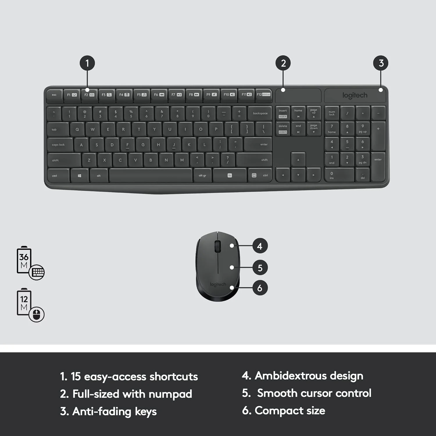 Logitech MK235 Wireless Keyboard and Mouse Combo for Windows, USB Receiver, 15 FN Keys, Long Battery Life, Compatible with PC, Laptop - Image 6