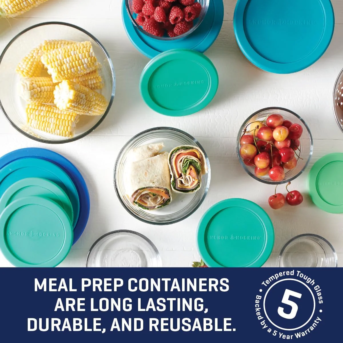 Anchor Hocking 18 Piece Glass Storage Containers with Lids (9 Glass Food Storage Containers & 9 Mixed Blue SnugFit Lids) - Image 4