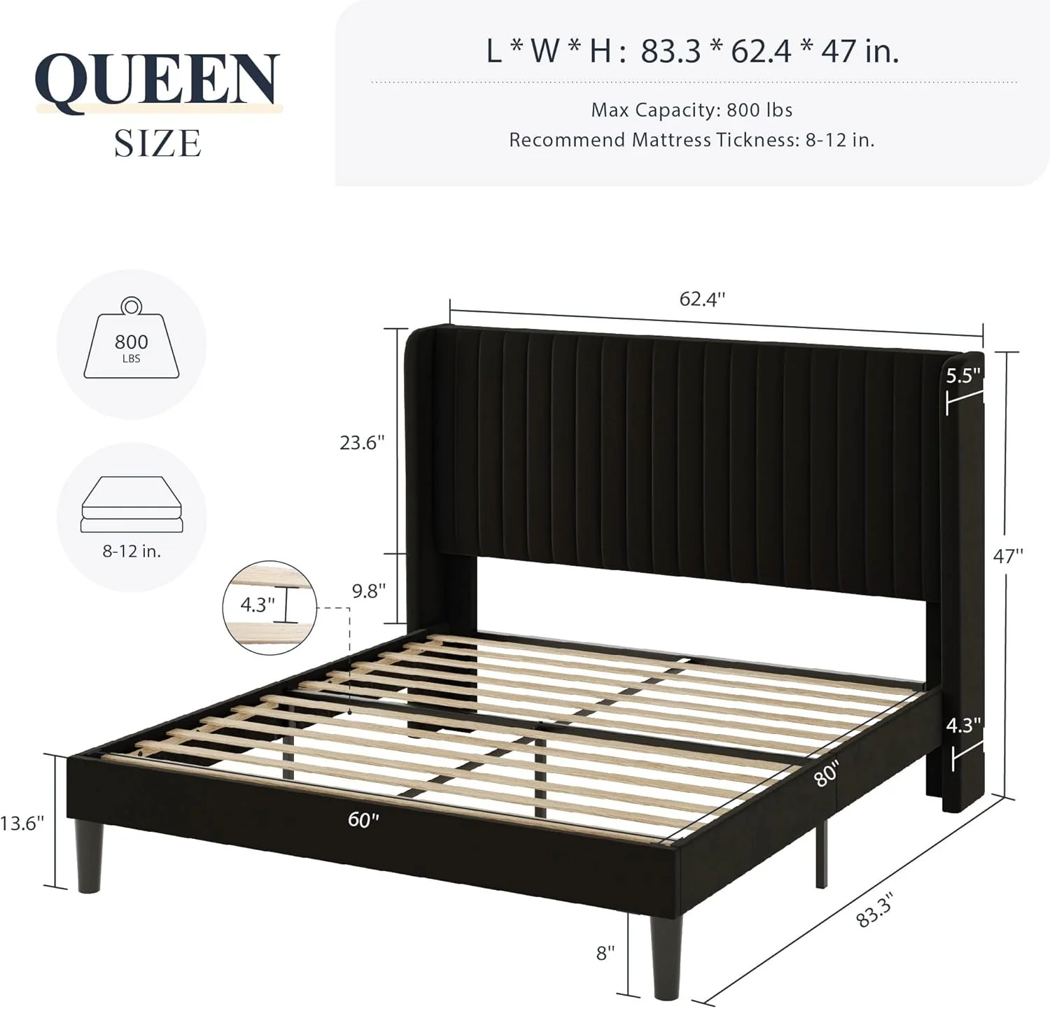 Allewie Queen Size Velvet Bed Frame/Vertical Channel Tufted Wingback Headboard/Upholstered Platform Bed/Strong Wooden Slats/No Box Spring Needed/Easy Assembly/Black - Image 2