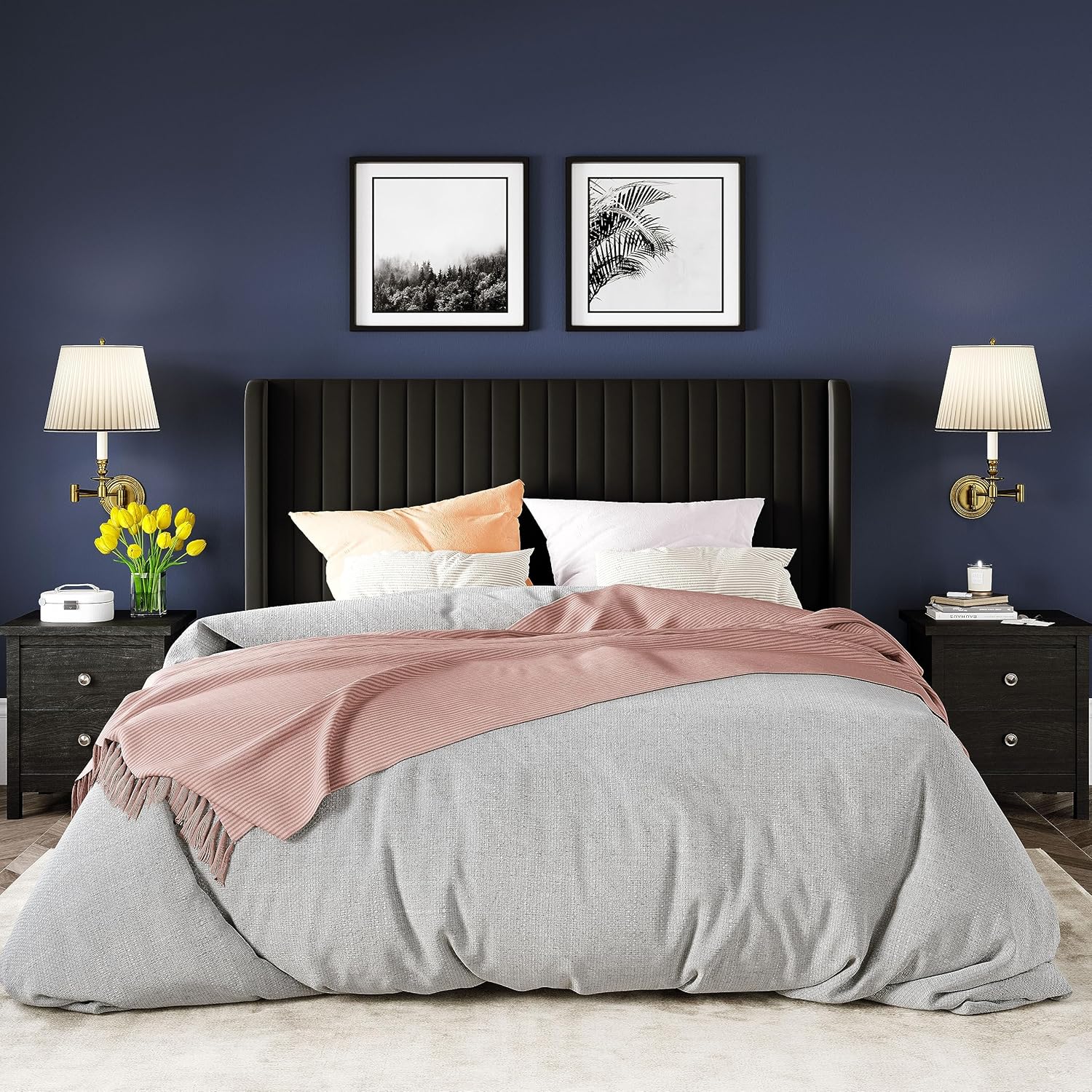 Allewie Queen Size Velvet Bed Frame/Vertical Channel Tufted Wingback Headboard/Upholstered Platform Bed/Strong Wooden Slats/No Box Spring Needed/Easy Assembly/Black - Image 3