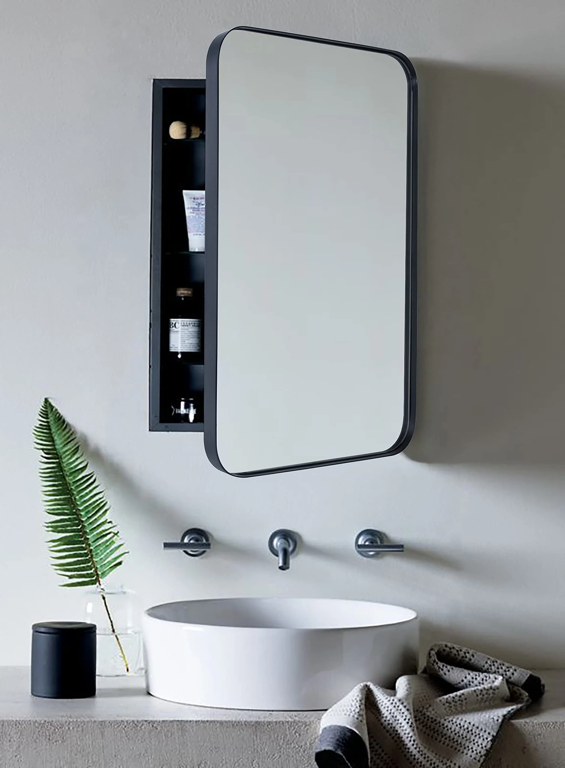 NEW - w/ Only One Shelf - Matt Black Rectangle Recessed Bathroom Medicine Cabinet with Mirror Stainless Steel Metal Framed Rounded Rectangular Bathroom Cabinet with Mirror 20x30'' - Image 2