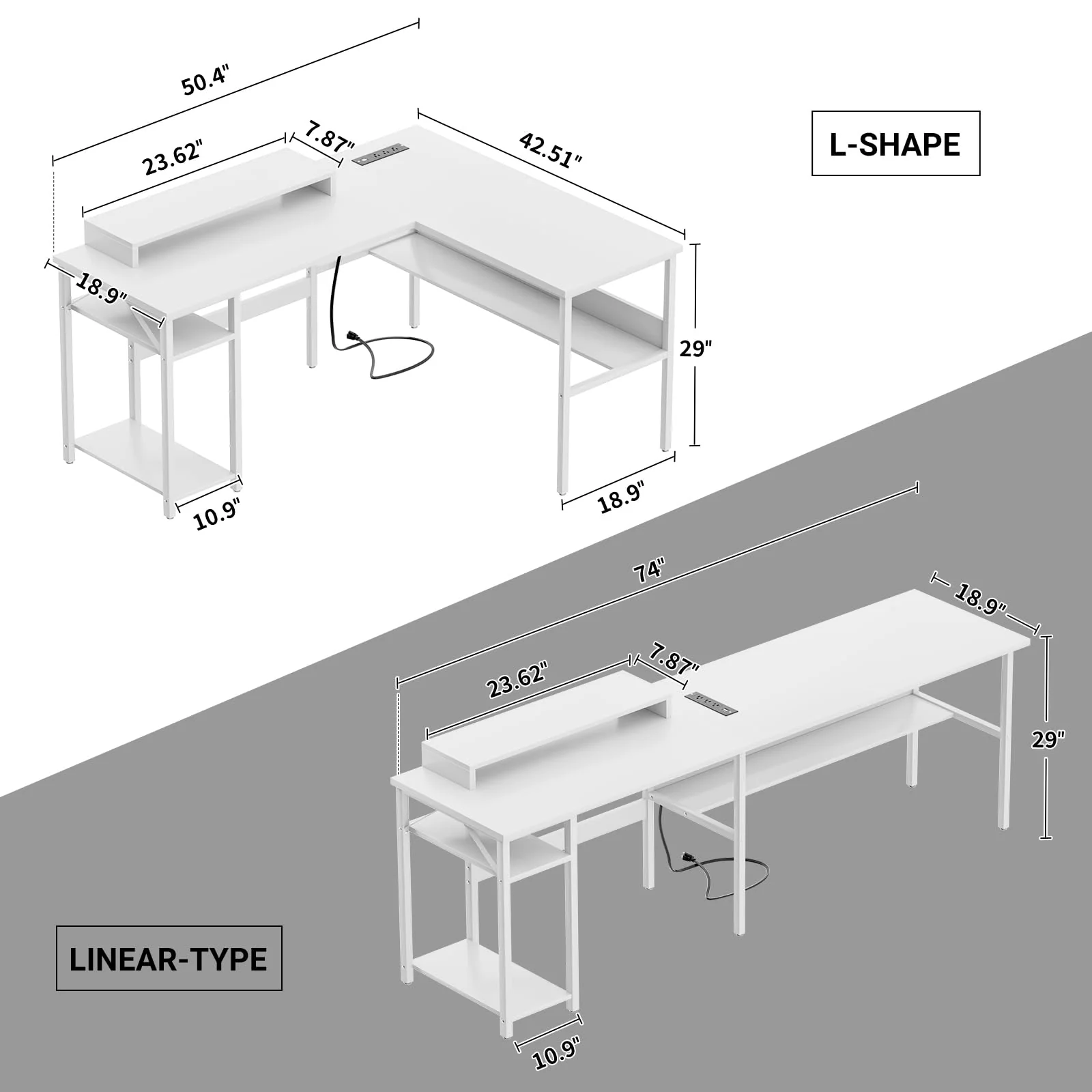 NEW - Unikito Reversible L Shaped Computer Desk with Power Outlets and Monitor Stand, Sturdy Corner Desk with RGB LED Light and Storage Shelves, Modern Work Desk for Home Office, Easy to Assemble, White - Image 2
