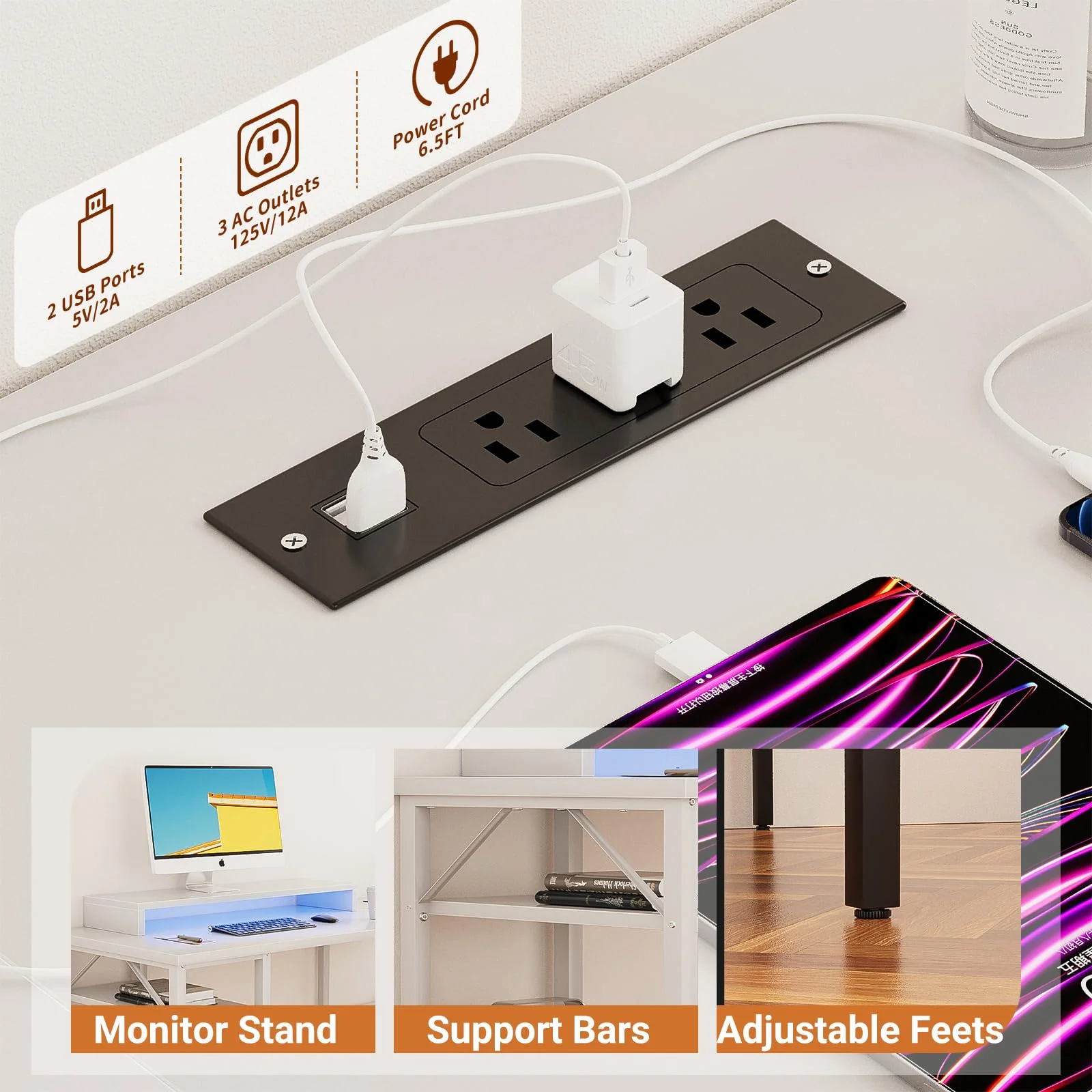 NEW - Unikito Reversible L Shaped Computer Desk with Power Outlets and Monitor Stand, Sturdy Corner Desk with RGB LED Light and Storage Shelves, Modern Work Desk for Home Office, Easy to Assemble, White - Image 3