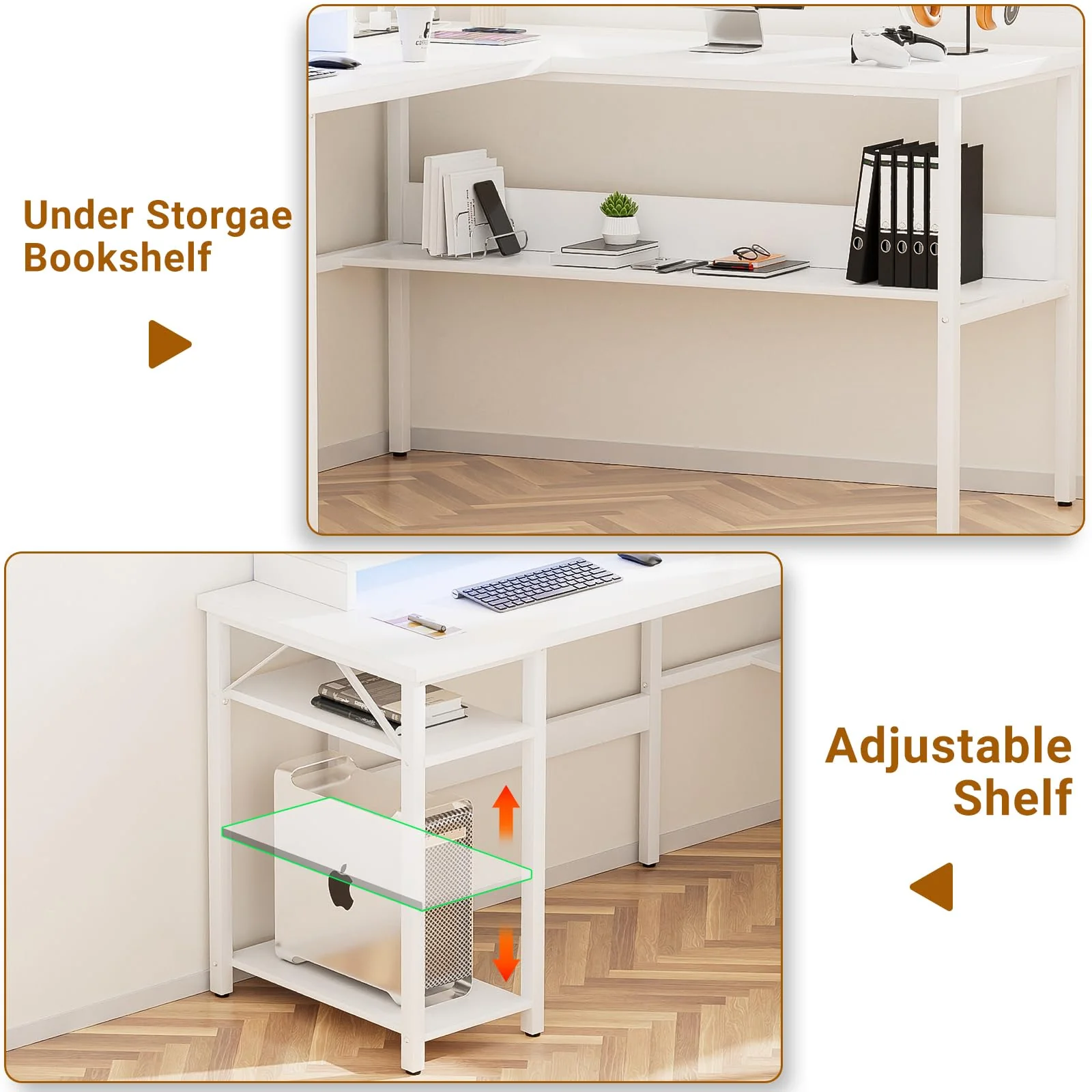 NEW - Unikito Reversible L Shaped Computer Desk with Power Outlets and Monitor Stand, Sturdy Corner Desk with RGB LED Light and Storage Shelves, Modern Work Desk for Home Office, Easy to Assemble, White - Image 4