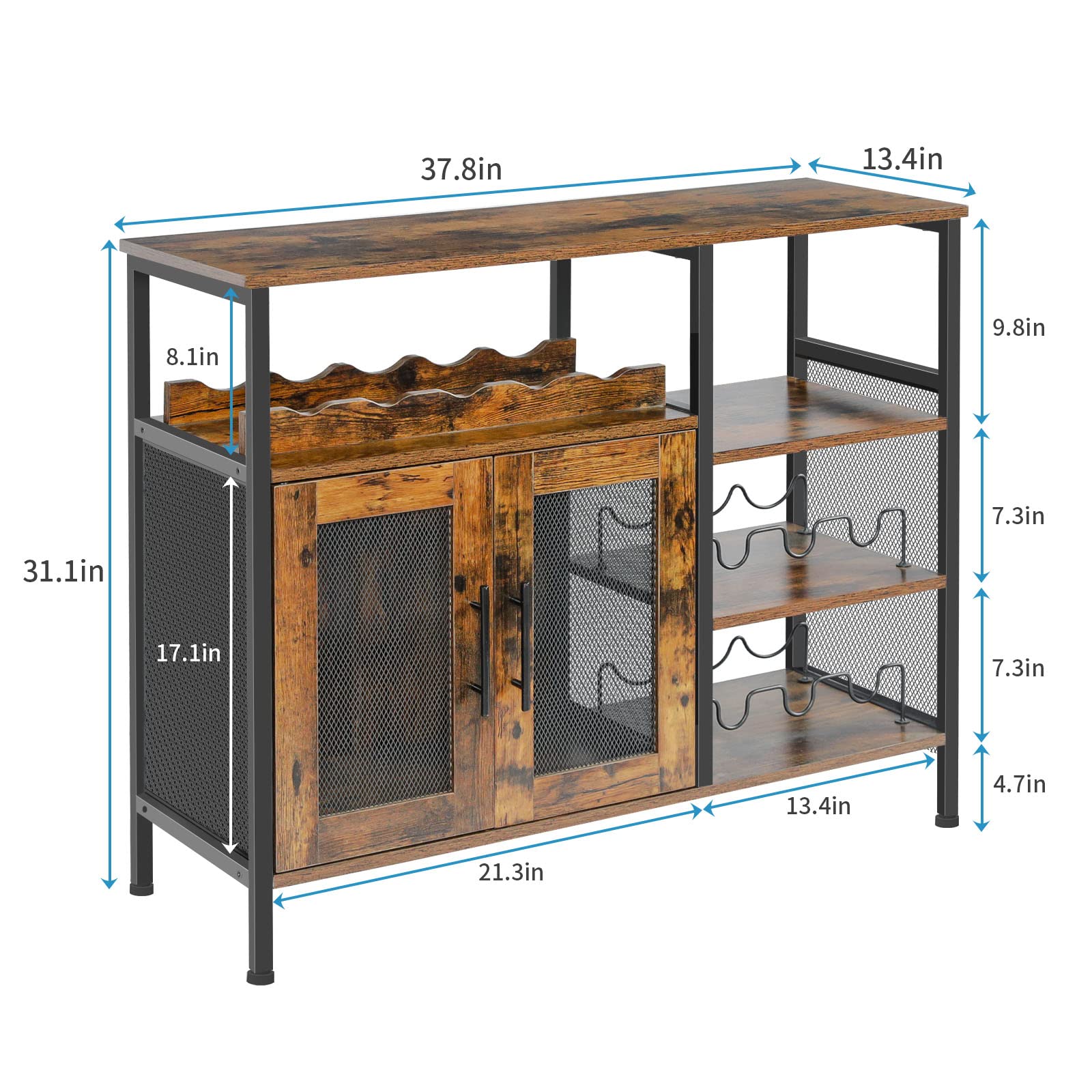 X-cosrack Wine Bar Rack Cabinet with Detachable Wine Rack, Coffee Bar Cabinet with Glass Holder, Small Sideboard and Buffet Cabinet with Mesh Door, Rustic Brown, Large - Image 2