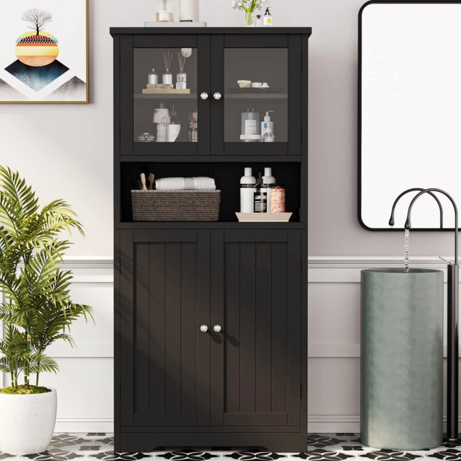 Irontar Bathroom Cabinet, Bathroom Floor Cabinet with Open Shelf, Display Storage with Doors, Kitchen Cupboard, Storage Cabinet for Living Room, 23.6 x 11.8 x 50.4 Inches, Black CWG006B