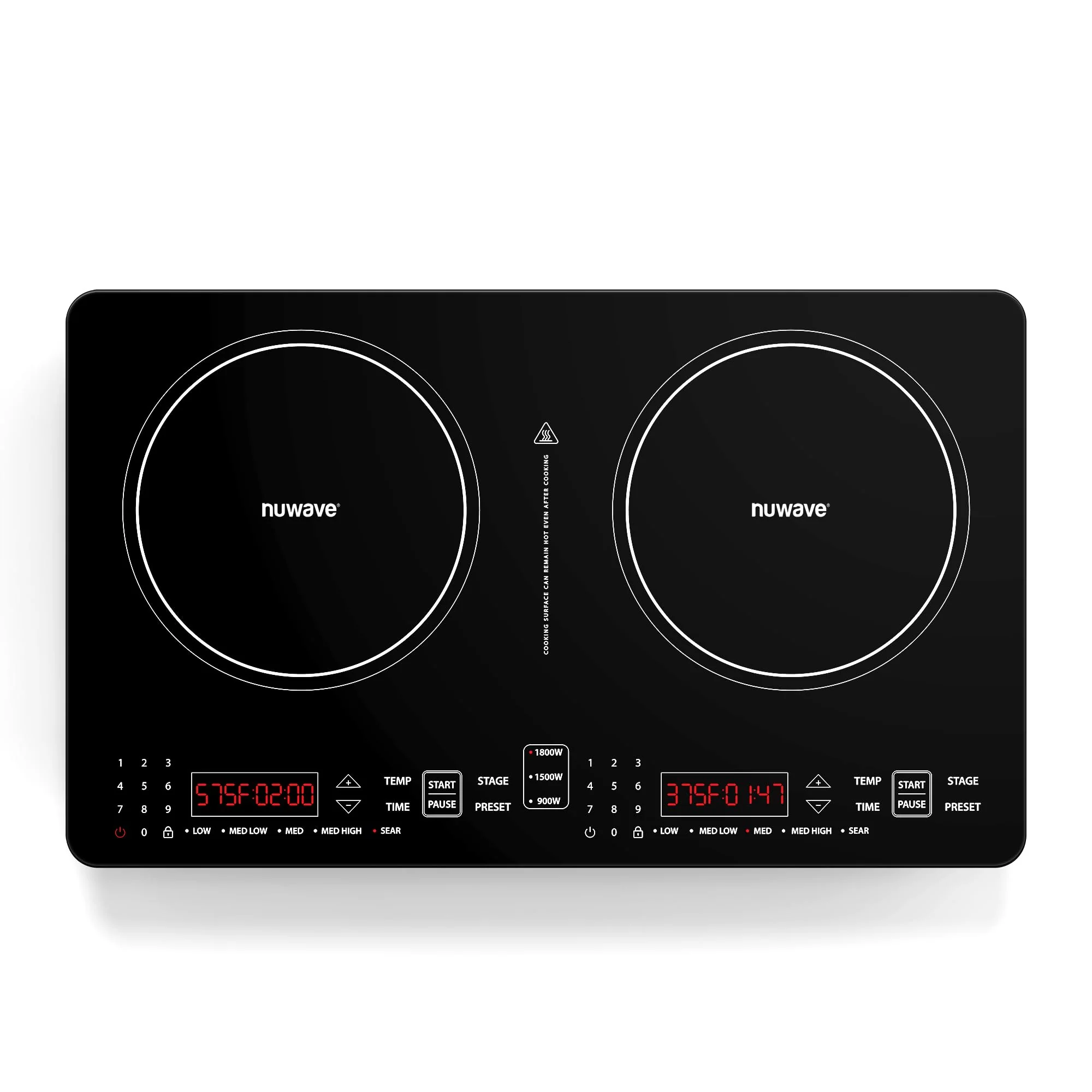 Nuwave PIC Double Portable Induction Cooktop, 900W/1500W/1800W Options, Two 8” Heating Zones, 106 Precise Temperatures from 50°F–575°F in 5°F Increments, Shatter-Resistant Ceramic Glass
