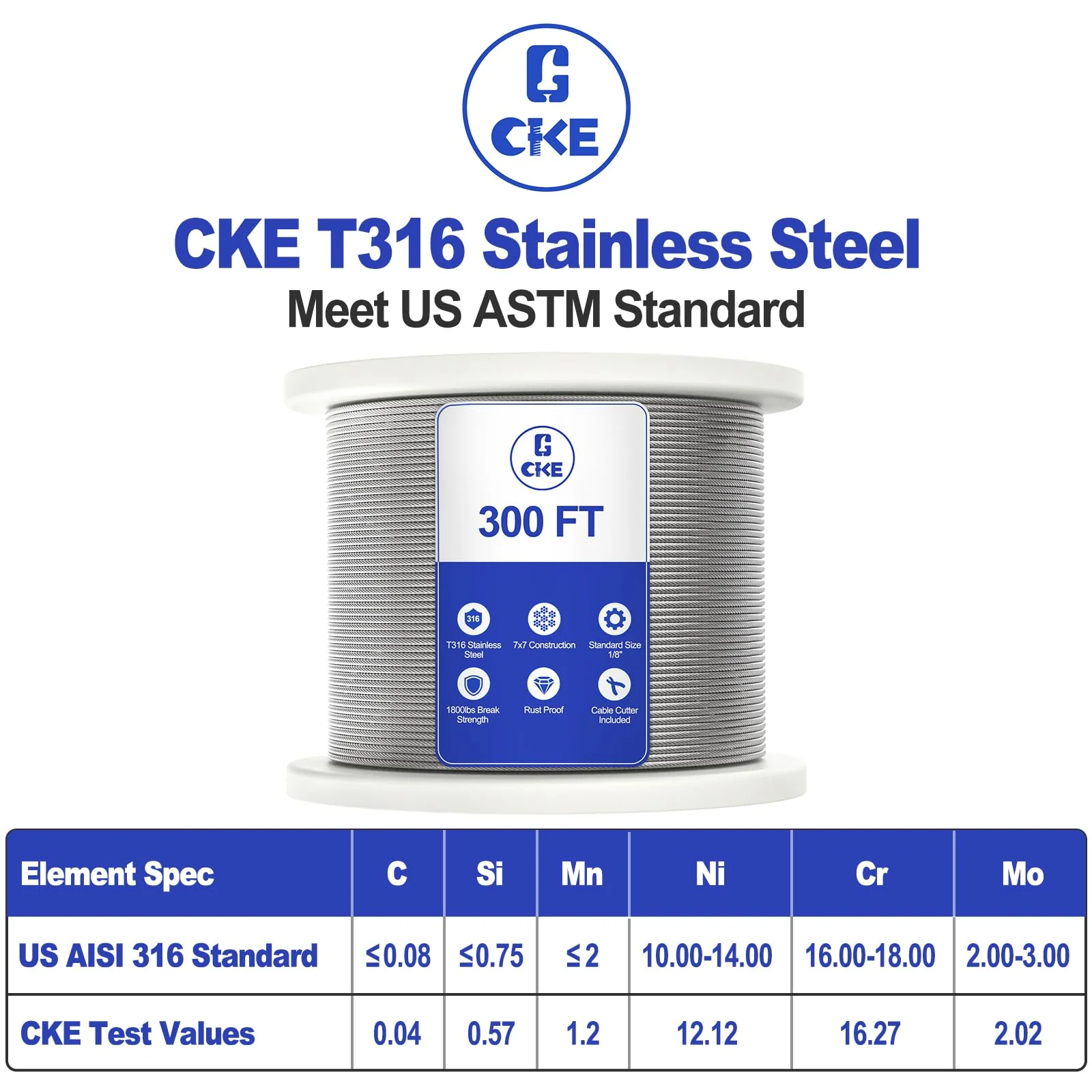CKE 300FT 1/8" Stainless Steel Cable Railing System Hardware, T316 Stainless Steel Wire Rope Cable for Deck Cable Railing Kits, 7x7 Strands Construction Aircraft Cable Wire Rope, DIY Balustrades CW600 - Image 2