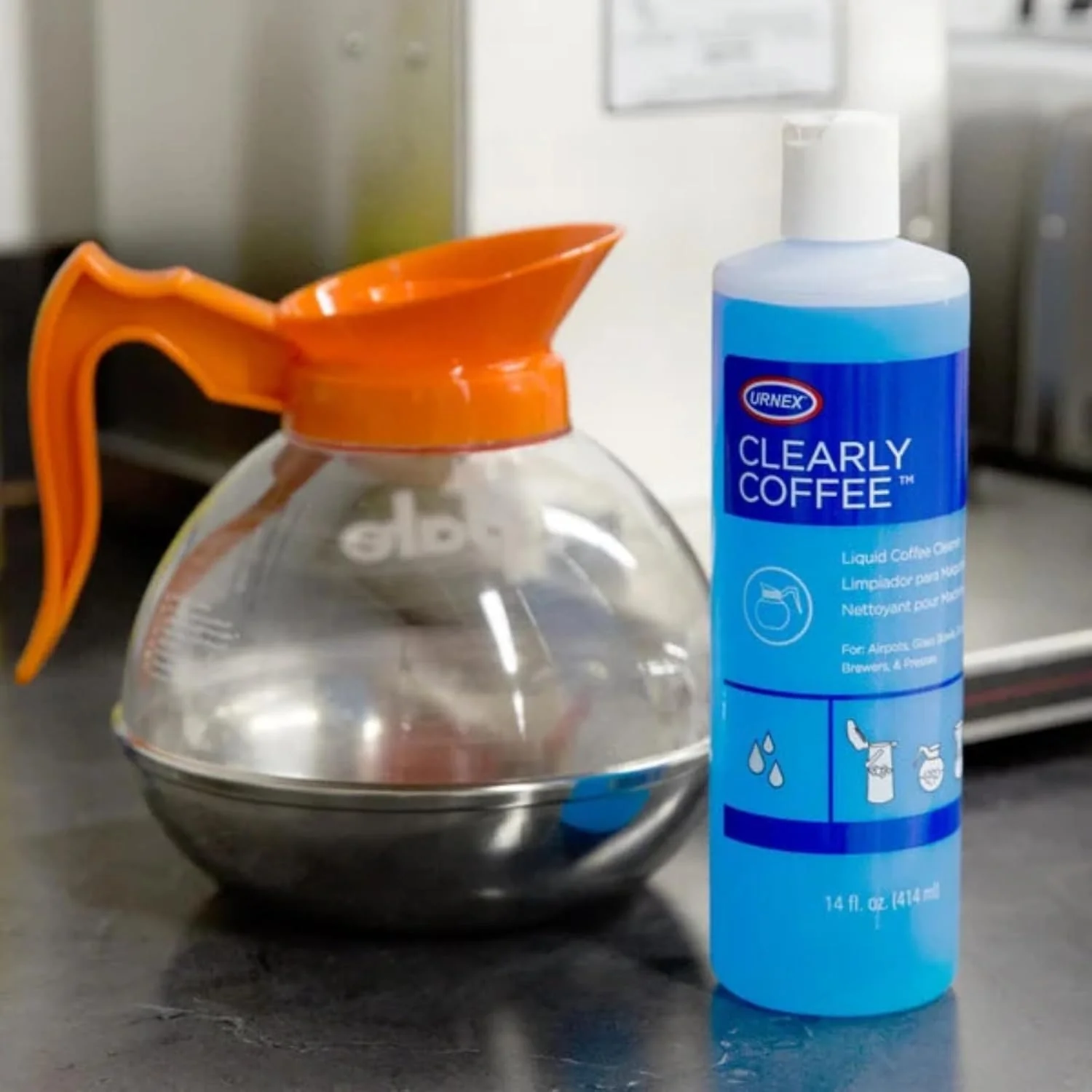 Urnex Clearly Coffee Pot Cleaner 14 Ounce (Made in the USA) French Press Liquid Cleaner for Glass Bowls Airpots Satellite Brewers and Thermal Servers Removes Coffee Oils - Image 4