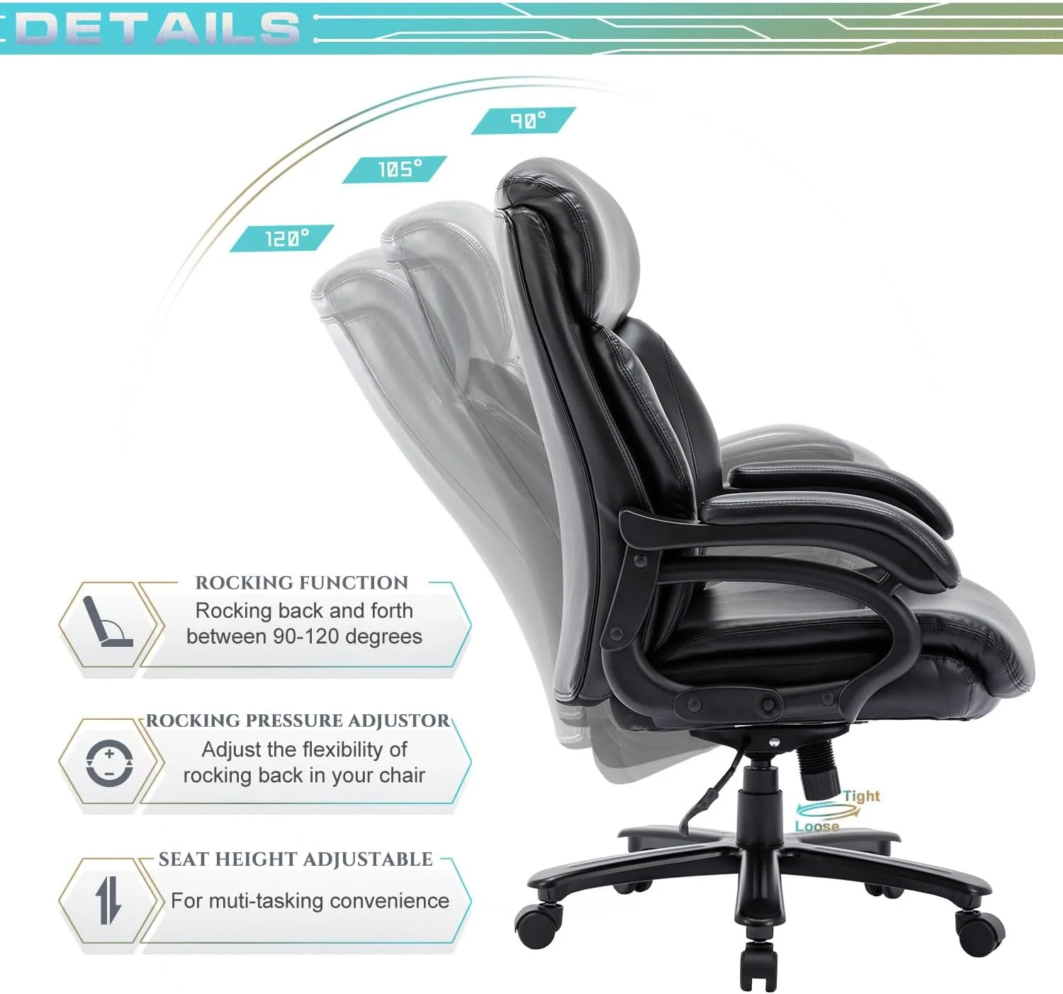NEW - Big and Tall Office Chair 400lbs-Heavy Duty Executive Desk Chair with Extra Wide Seat, High Back Ergonomic Leather Computer Chair with Tilt Rock&Tension, Padded Armrests-Black - Retail $180 - Image 2