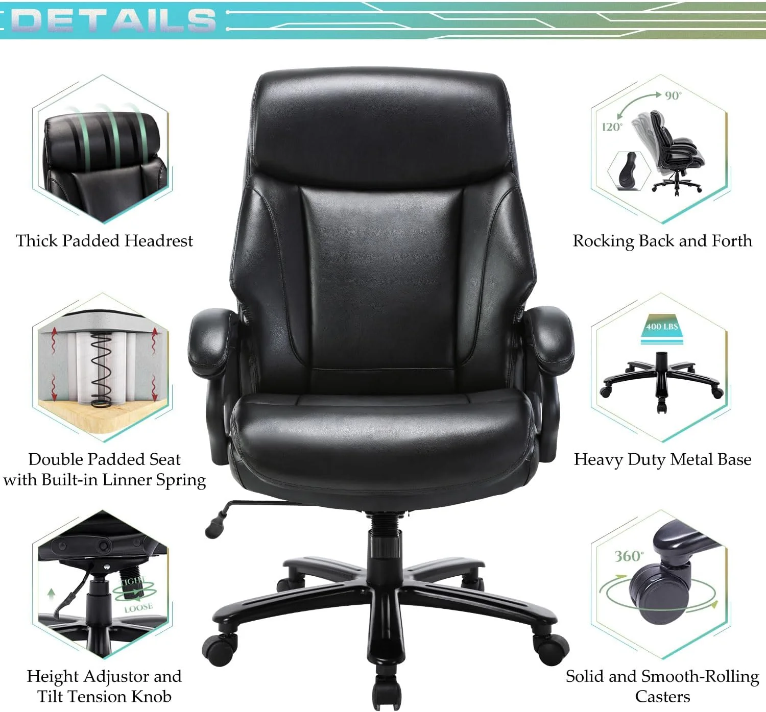 NEW - Big and Tall Office Chair 400lbs-Heavy Duty Executive Desk Chair with Extra Wide Seat, High Back Ergonomic Leather Computer Chair with Tilt Rock&Tension, Padded Armrests-Black - Retail $180 - Image 3