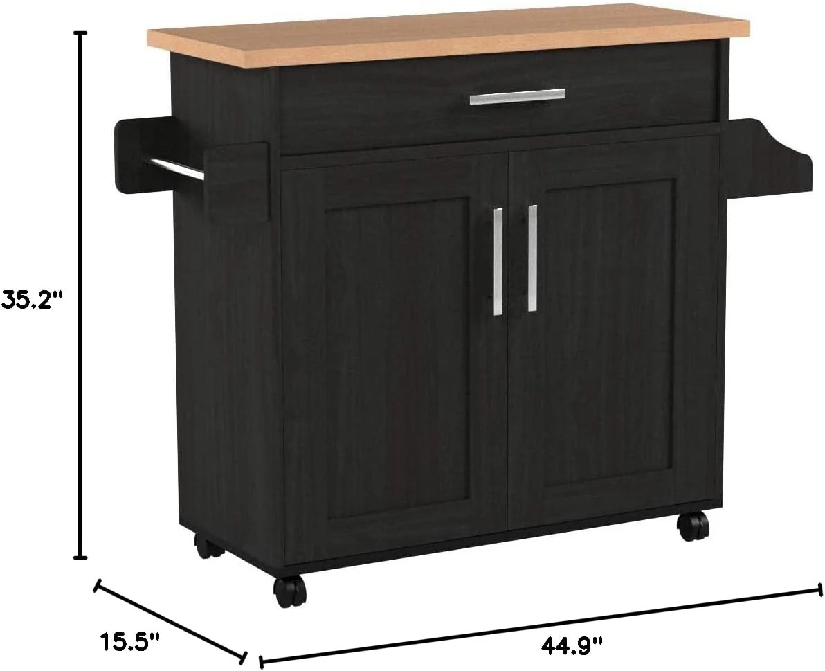 Hodedah Kitchen Island with Spice Rack, Towel Rack & Drawer, Black with Beech Top - Retail $95 - Image 2