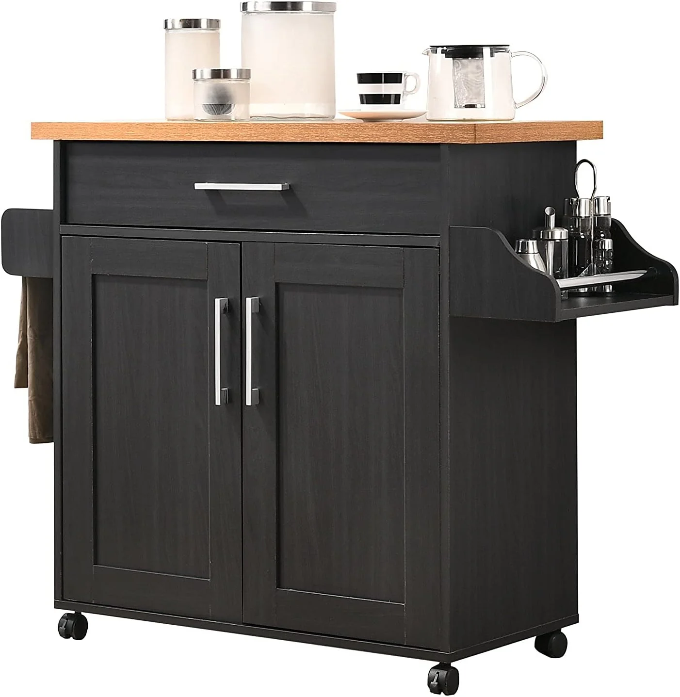 Hodedah Kitchen Island with Spice Rack, Towel Rack & Drawer, Black with Beech Top - Retail $95 - Image 3