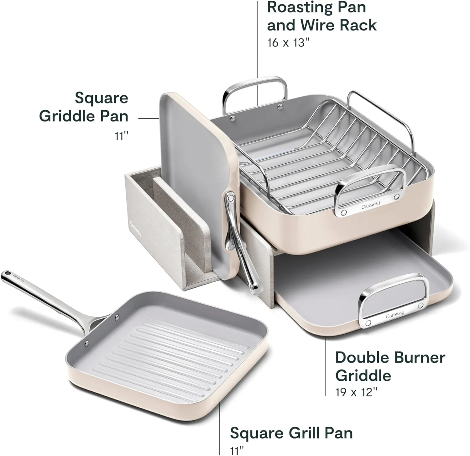 Caraway Square Cookware Set - Square Pans Set - Perfect for Griddling, Toasting, Searing, Roasting, and More - Non-Stick Ceramic Coated Pans - Non Toxic, PTFE & PFOA Free - Cream - Image 3
