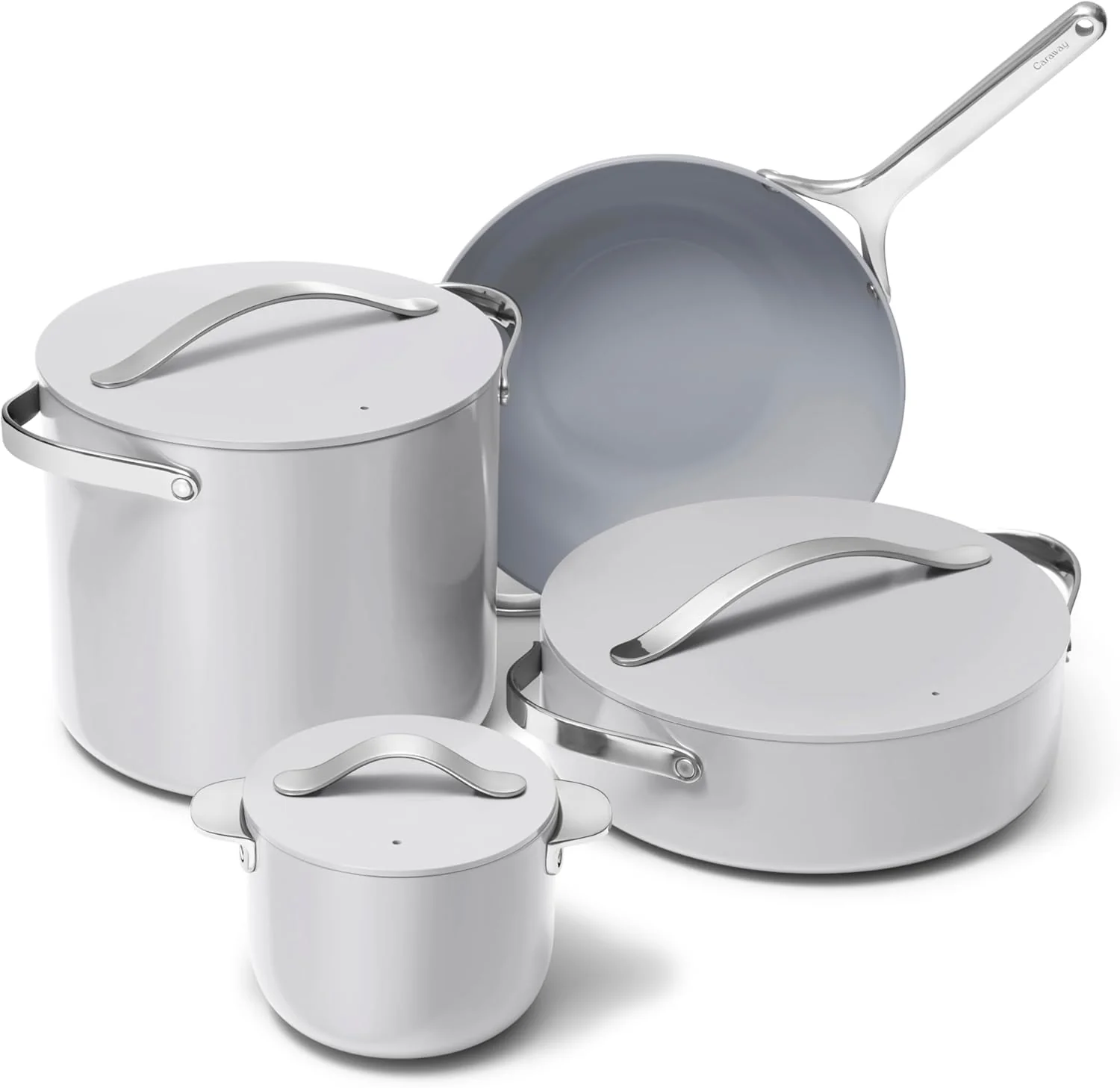 NEW - Caraway Cookware+ Collection - Specialty Cookware Set - Petite Cooker, Stir Fry Pan, Rondeau, & Stock Pot - 3 Lids & Storage Organizer Included - Gray