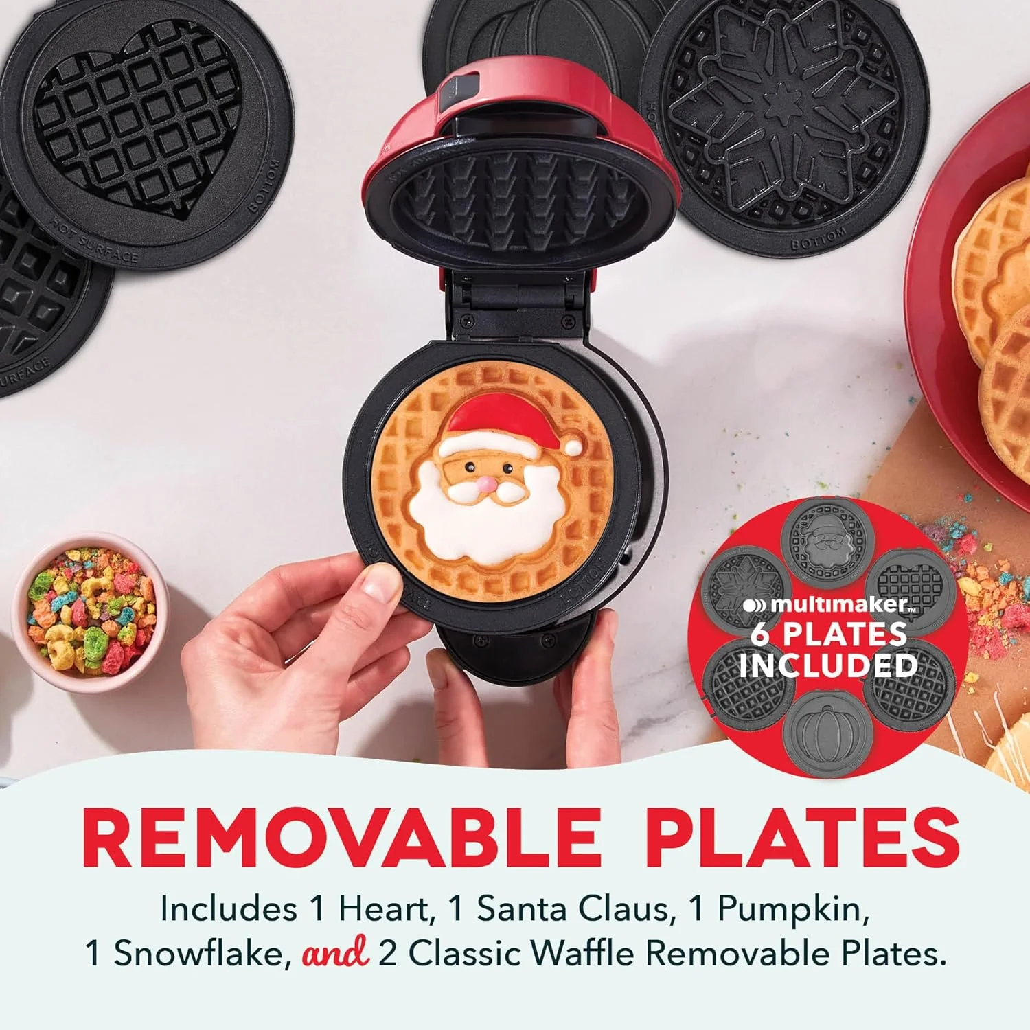 DASH Holiday Multimaker Mini System - Waffle Maker with Six 4” Removable Holiday Plates: Waffle Iron & Griddle, 4-in-1 Mini Waffle Maker for Kids and Families – Nonstick Surface, Santa Waffle (Red) - Retail $28 - Image 2