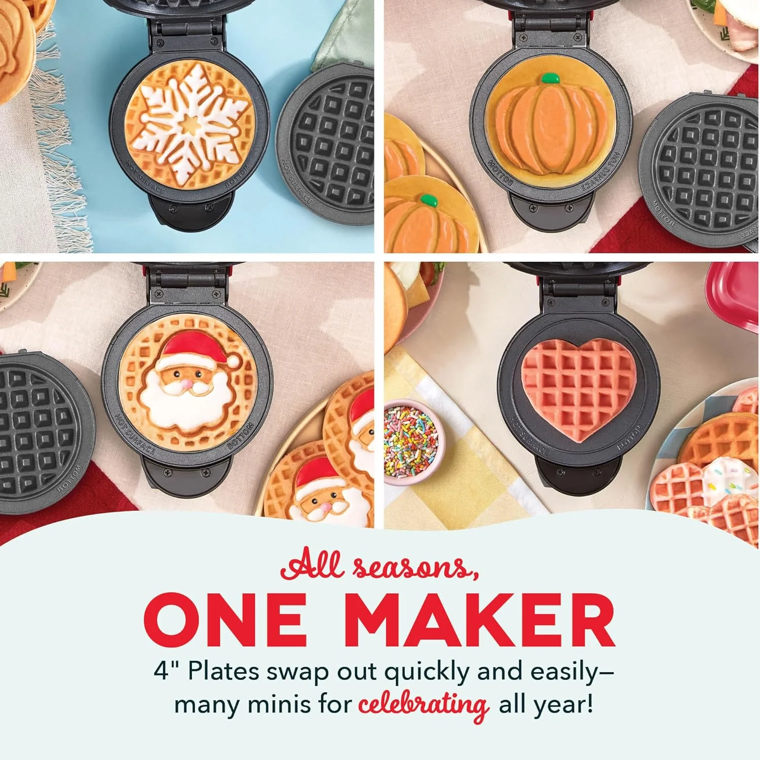 DASH Holiday Multimaker Mini System - Waffle Maker with Six 4” Removable Holiday Plates: Waffle Iron & Griddle, 4-in-1 Mini Waffle Maker for Kids and Families – Nonstick Surface, Santa Waffle (Red) - Retail $28 - Image 3