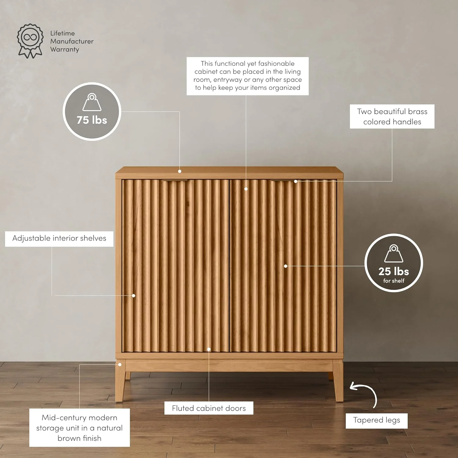 Nathan James Jasper Modern Sideboard, Kitchen Storage Cabinet with Fluted Doors, Accent Storage for Kitchen or Living Room, Warm Pine - Retail $310 - Image 4