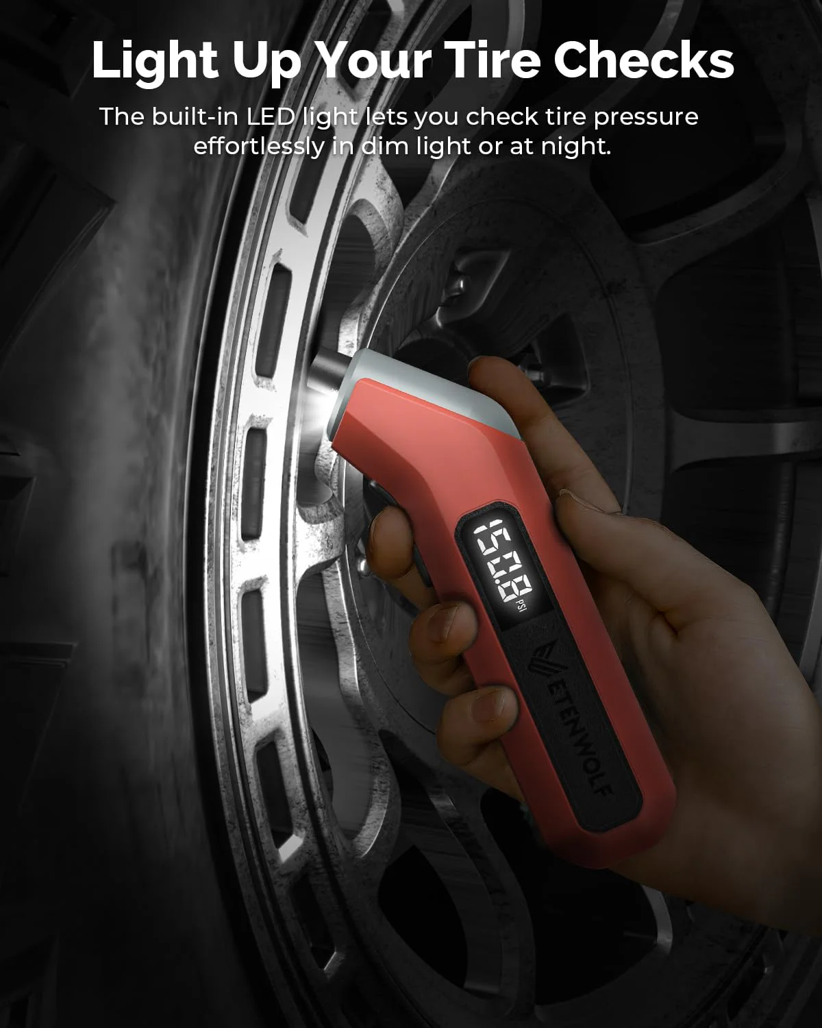 ETENWOLF T300 Plus Tire Pressure Gauge 200 PSI, Digital Tire Gauge with Bright LED Display, Tire Gauges for Tire Pressure with Presta Valve Adaptor (Vivid Orange) - Image 4