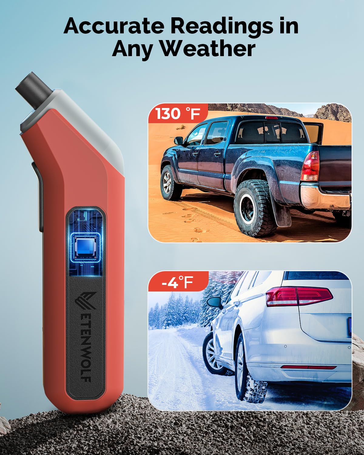 ETENWOLF T300 Plus Tire Pressure Gauge 200 PSI, Digital Tire Gauge with Bright LED Display, Tire Gauges for Tire Pressure with Presta Valve Adaptor (Vivid Orange) - Image 5
