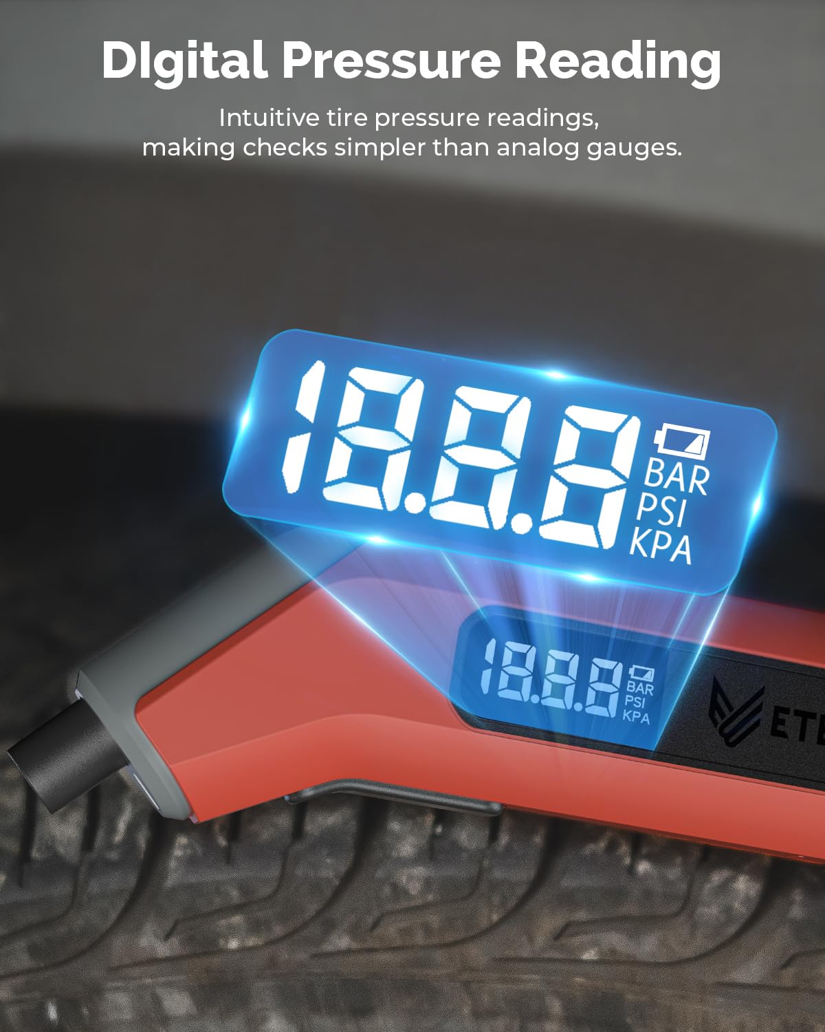 ETENWOLF T300 Plus Tire Pressure Gauge 200 PSI, Digital Tire Gauge with Bright LED Display, Tire Gauges for Tire Pressure with Presta Valve Adaptor (Vivid Orange) - Image 6