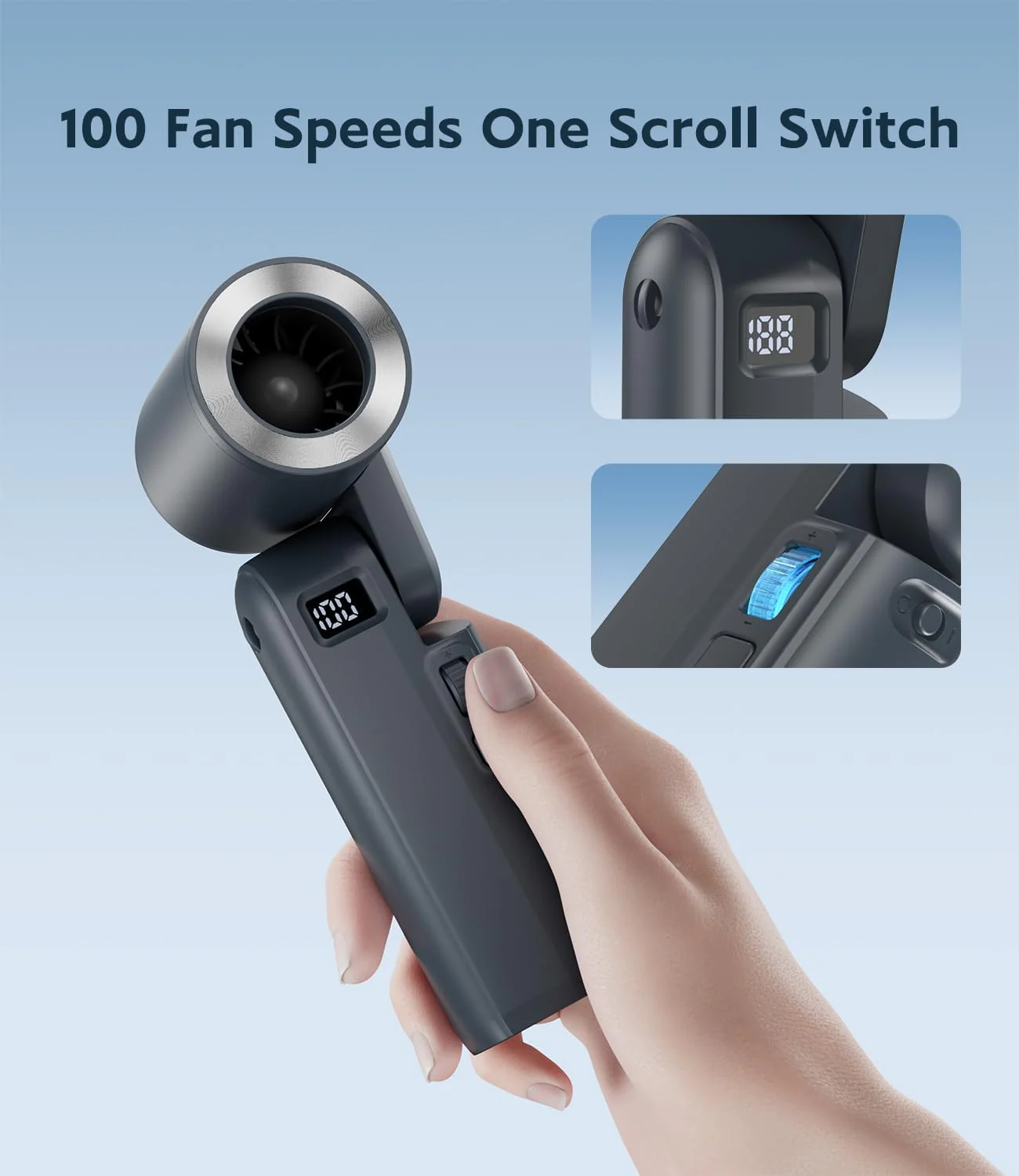 Portable Handheld Fan, 4000mAh Battery Operated Rechargeable Personal Fan, LED Display, 0-100 High Speed, Lightweight, Foldable Design, Hand/Desk/Neck 3 in 1 Cooling for Travel, Women, Man-Blue - Image 6