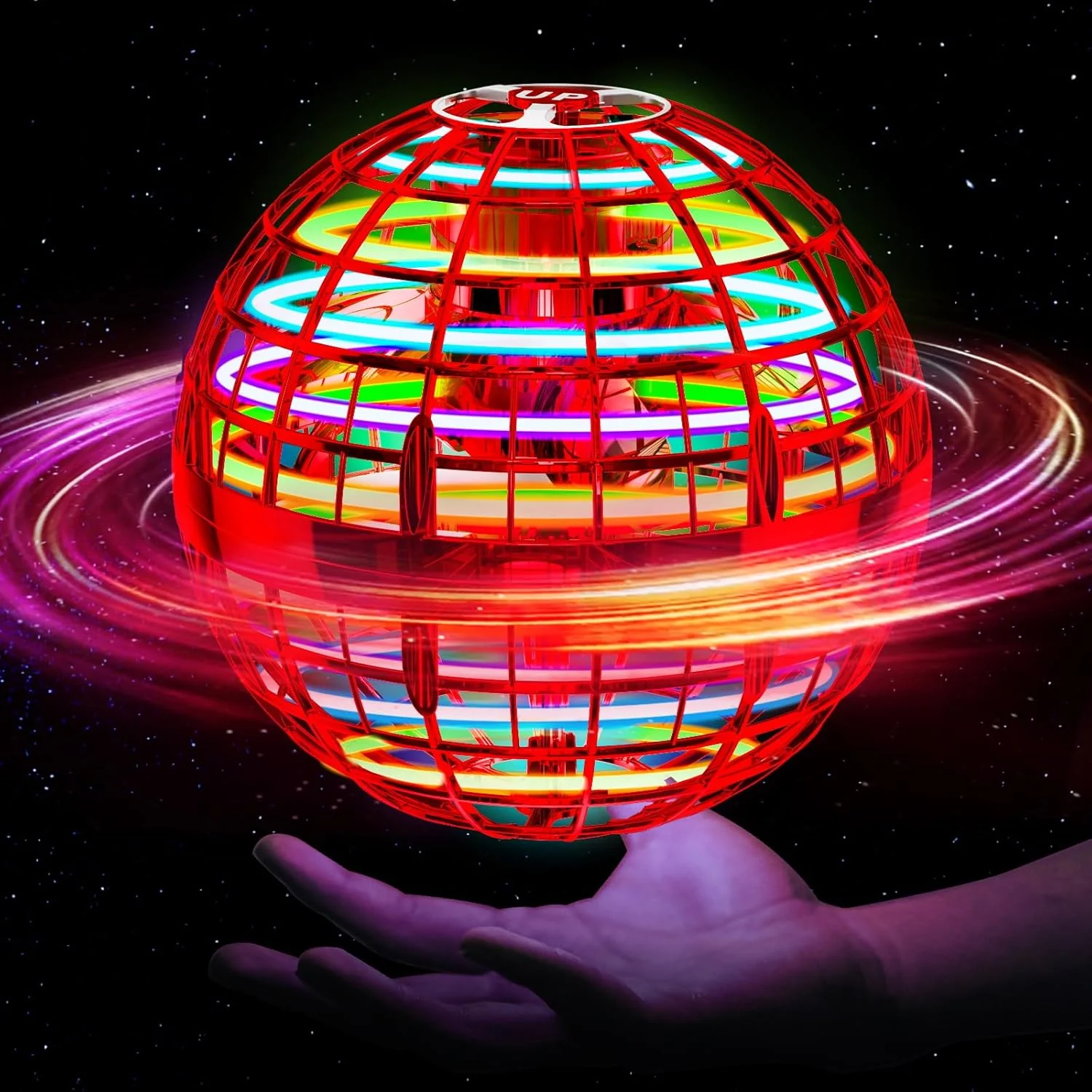 Flying Orb Ball, Red with Dazzling Lights, Magic Hover Spinner, Cool Boomerang Drone