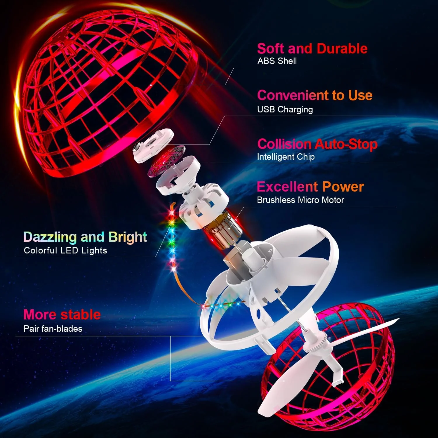 Flying Orb Ball, Red with Dazzling Lights, Magic Hover Spinner, Cool Boomerang Drone - Image 2
