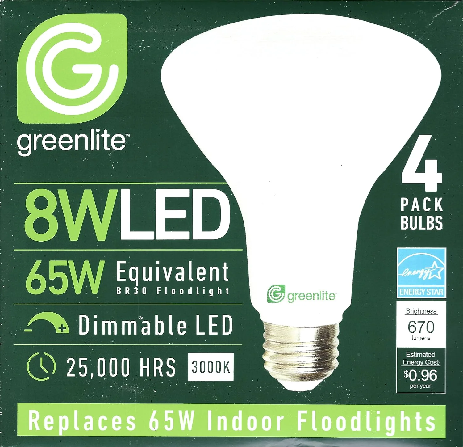 Greenlite LED BR30 Light Bulb, 65W = 8W, Dimmable, 670 Lumens, 3000K, Bright White - 4 Pack - Retail $19 - Image 2